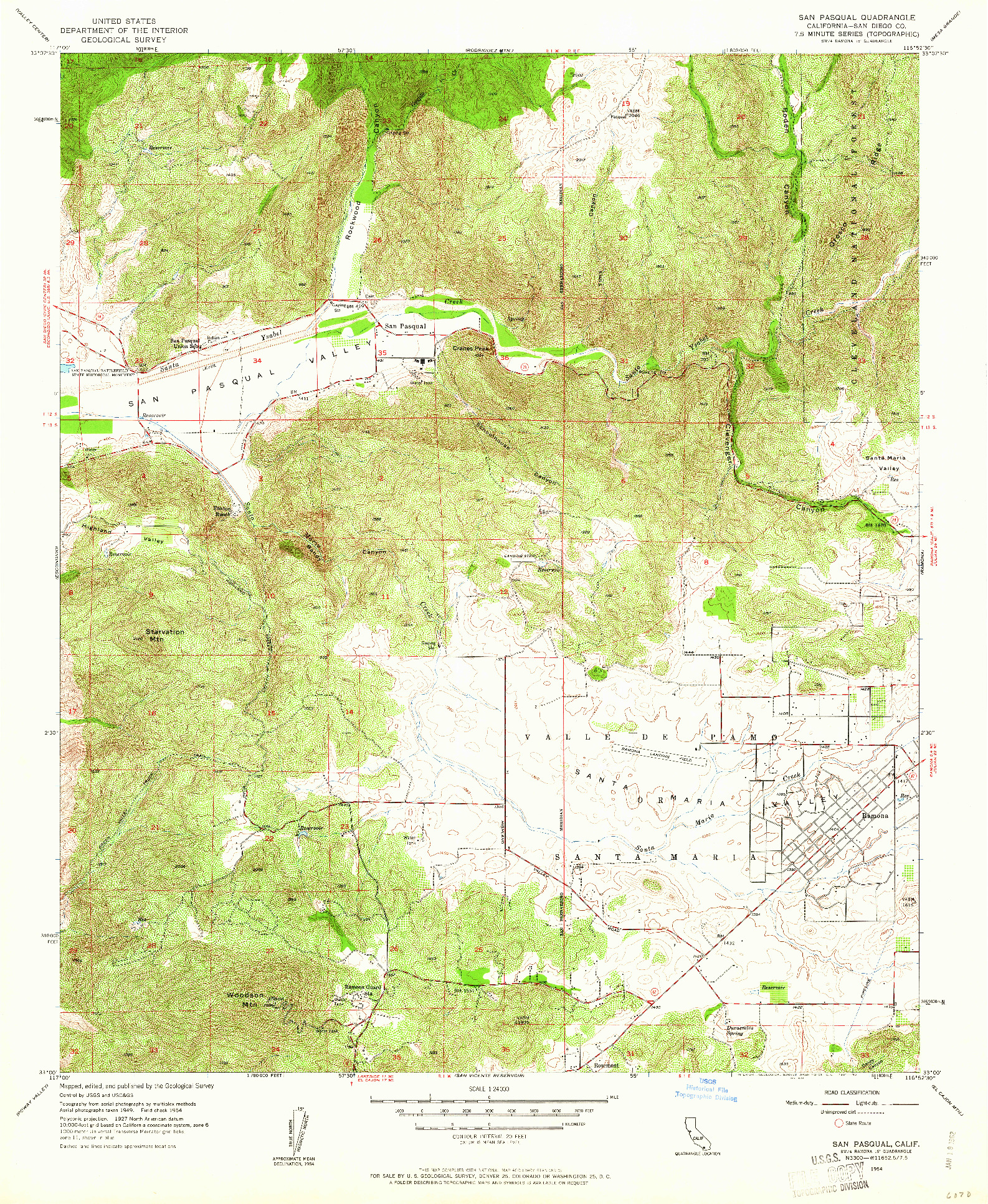 USGS 1:24000-SCALE QUADRANGLE FOR SAN PASQUAL, CA 1954