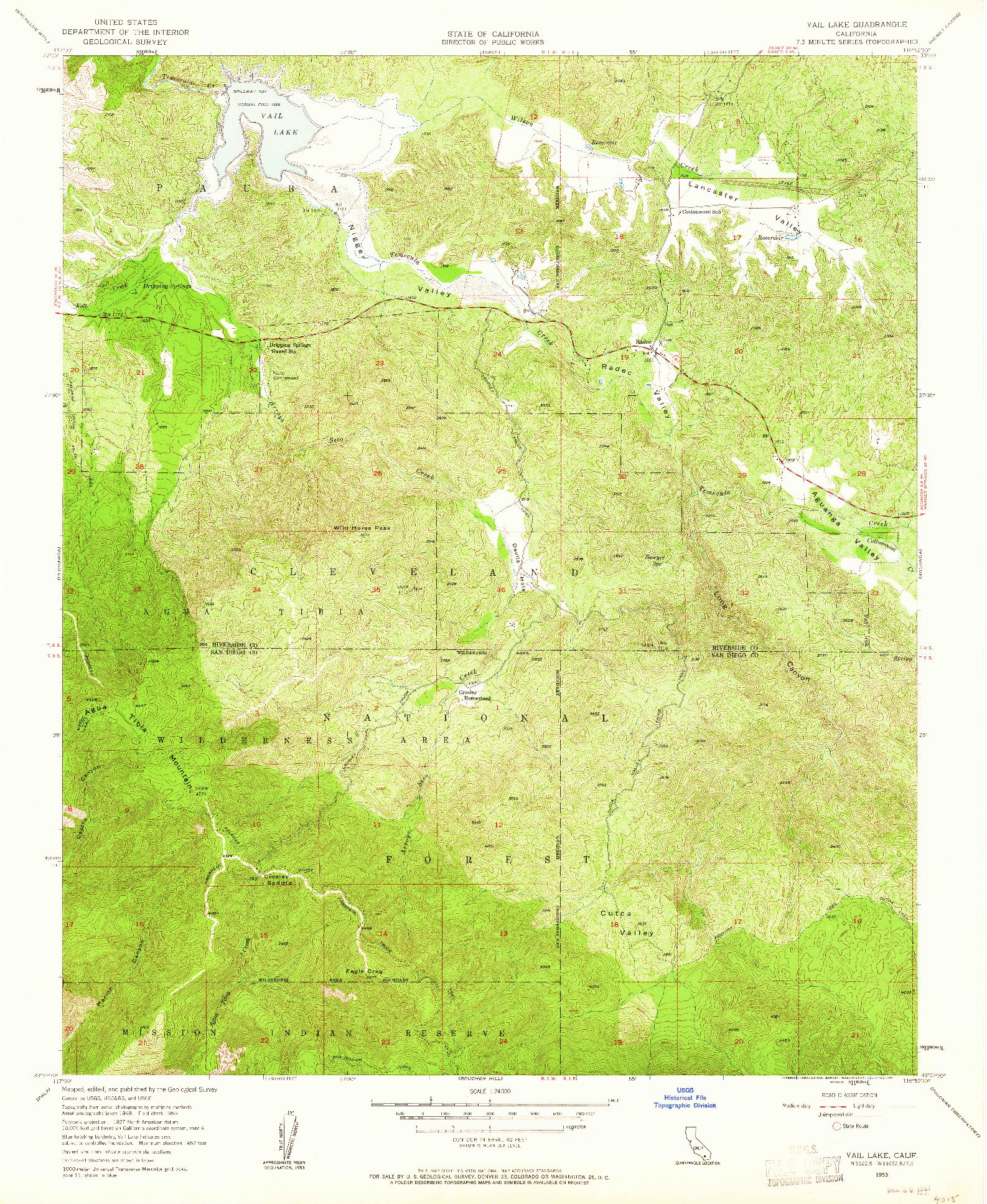 USGS 1:24000-SCALE QUADRANGLE FOR VAIL LAKE, CA 1953