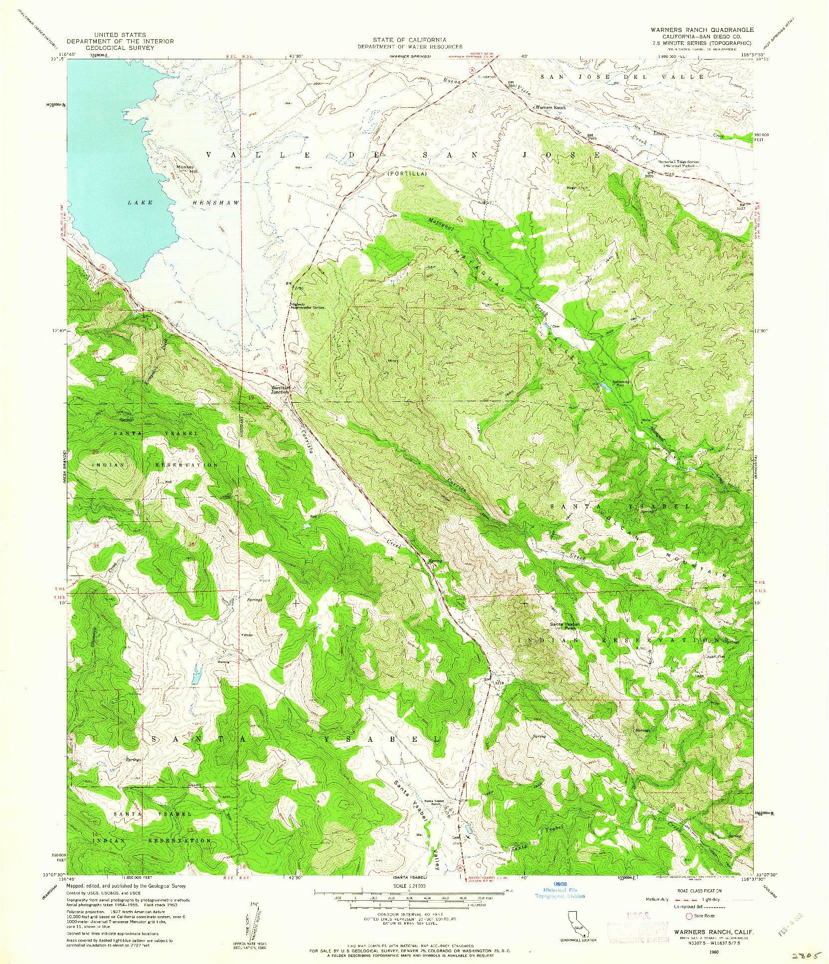 USGS 1:24000-SCALE QUADRANGLE FOR WARNERS RANCH, CA 1960