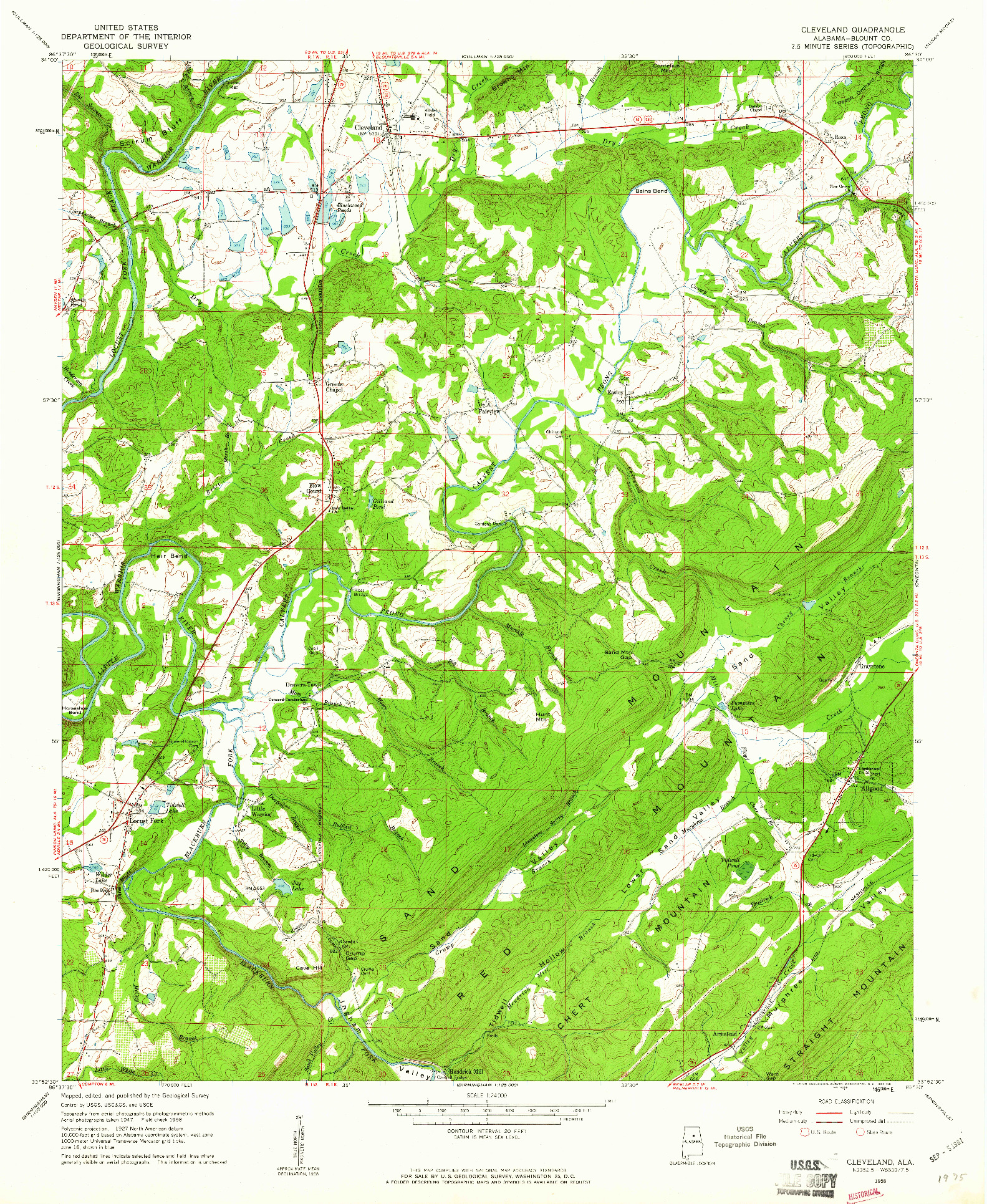 USGS 1:24000-SCALE QUADRANGLE FOR CLEVELAND, AL 1958
