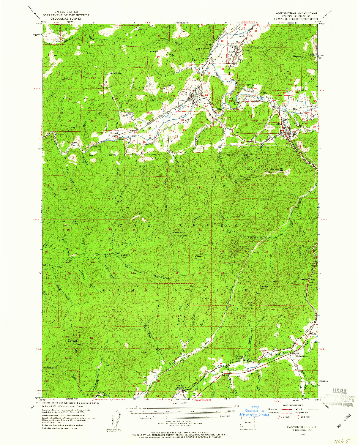 USGS 1:62500-SCALE QUADRANGLE FOR CANYONVILLE, OR 1954