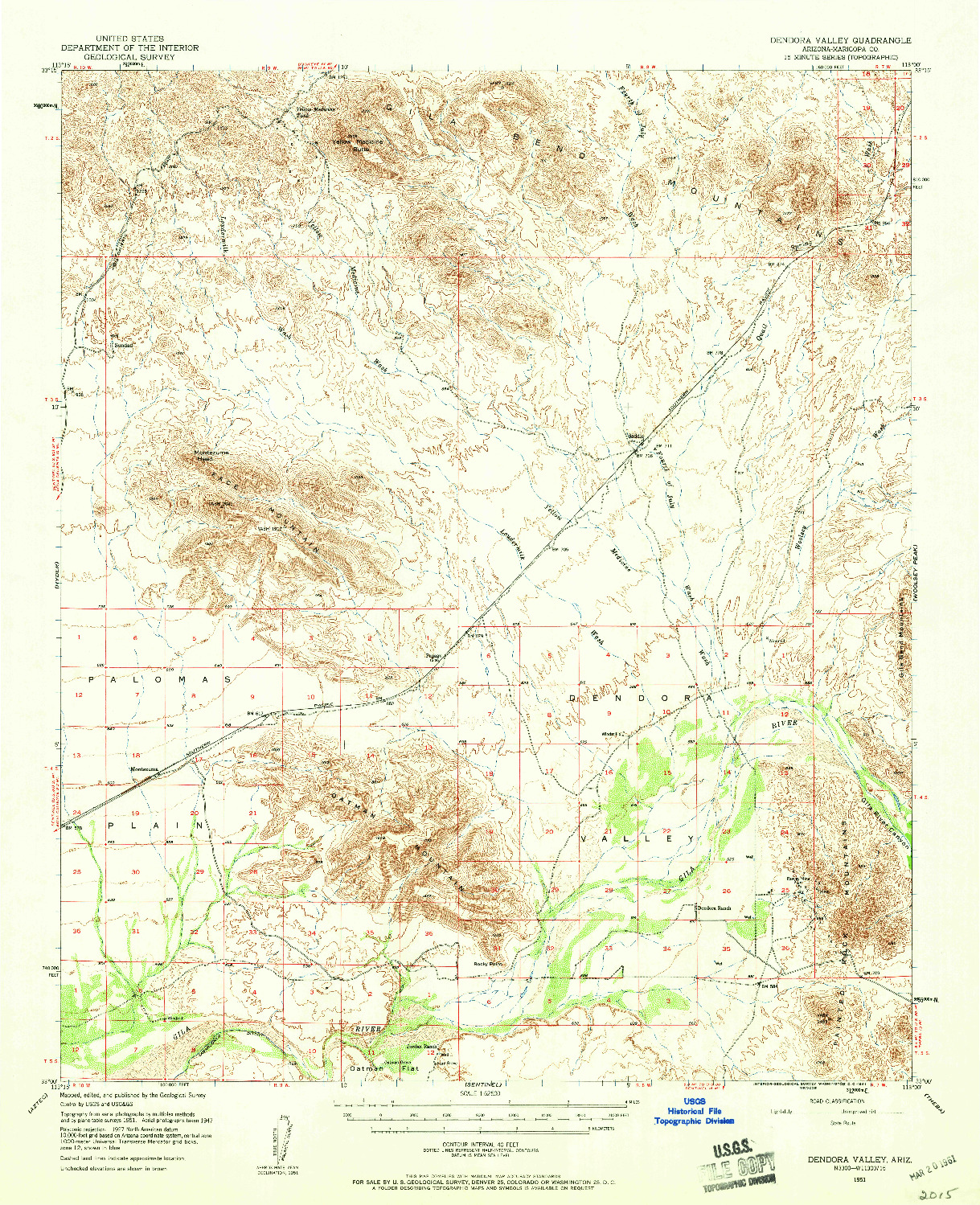 USGS 1:62500-SCALE QUADRANGLE FOR DENDORA VALLEY, AZ 1951