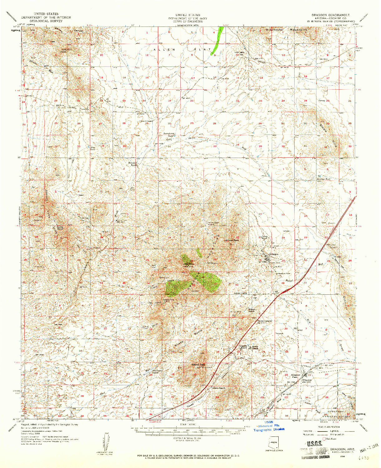 USGS 1:62500-SCALE QUADRANGLE FOR DRAGOON, AZ 1958