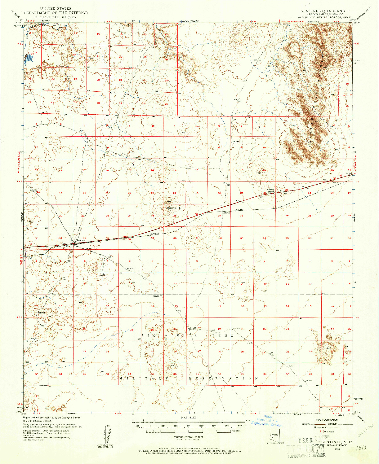 USGS 1:62500-SCALE QUADRANGLE FOR SENTINEL, AZ 1949