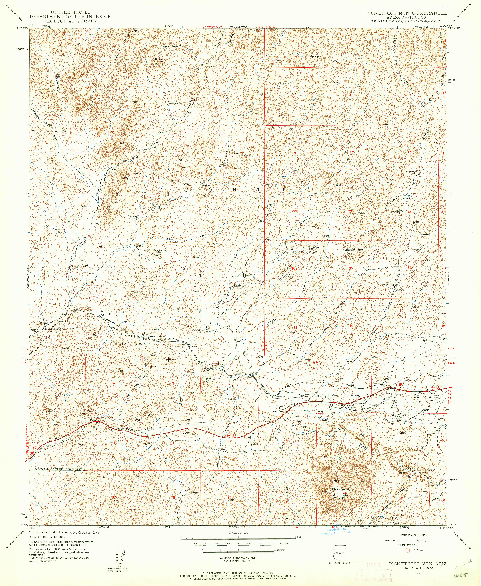 USGS 1:24000-SCALE QUADRANGLE FOR PICKETPOST MTN, AZ 1948