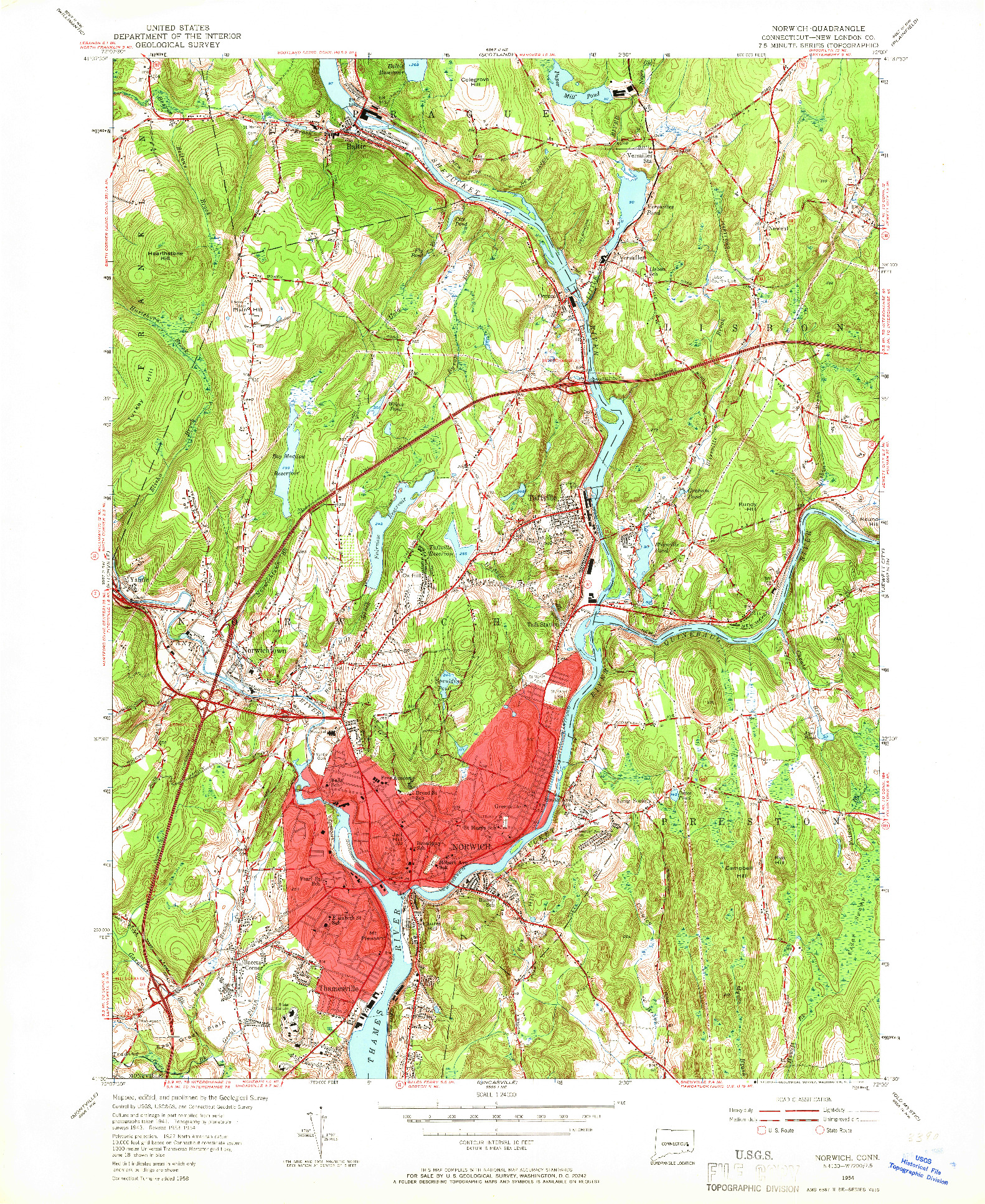 USGS 1:24000-SCALE QUADRANGLE FOR NORWICH, CT 1954