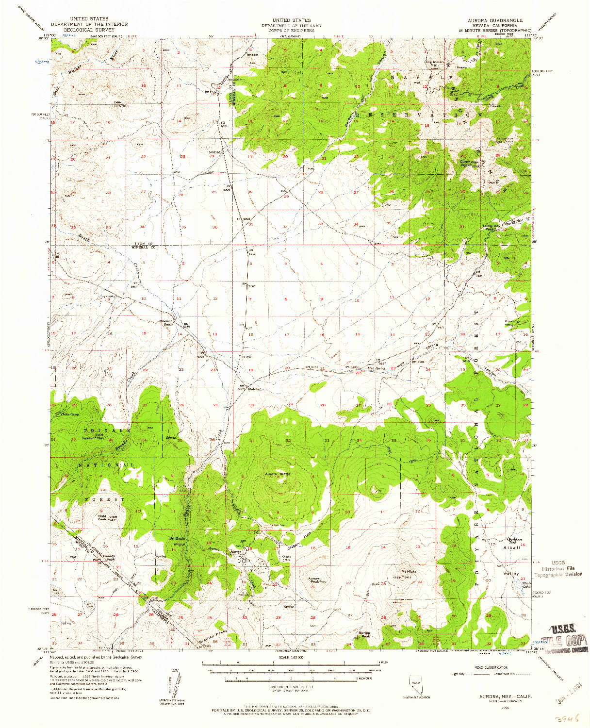 USGS 1:62500-SCALE QUADRANGLE FOR AURORA, NV 1956