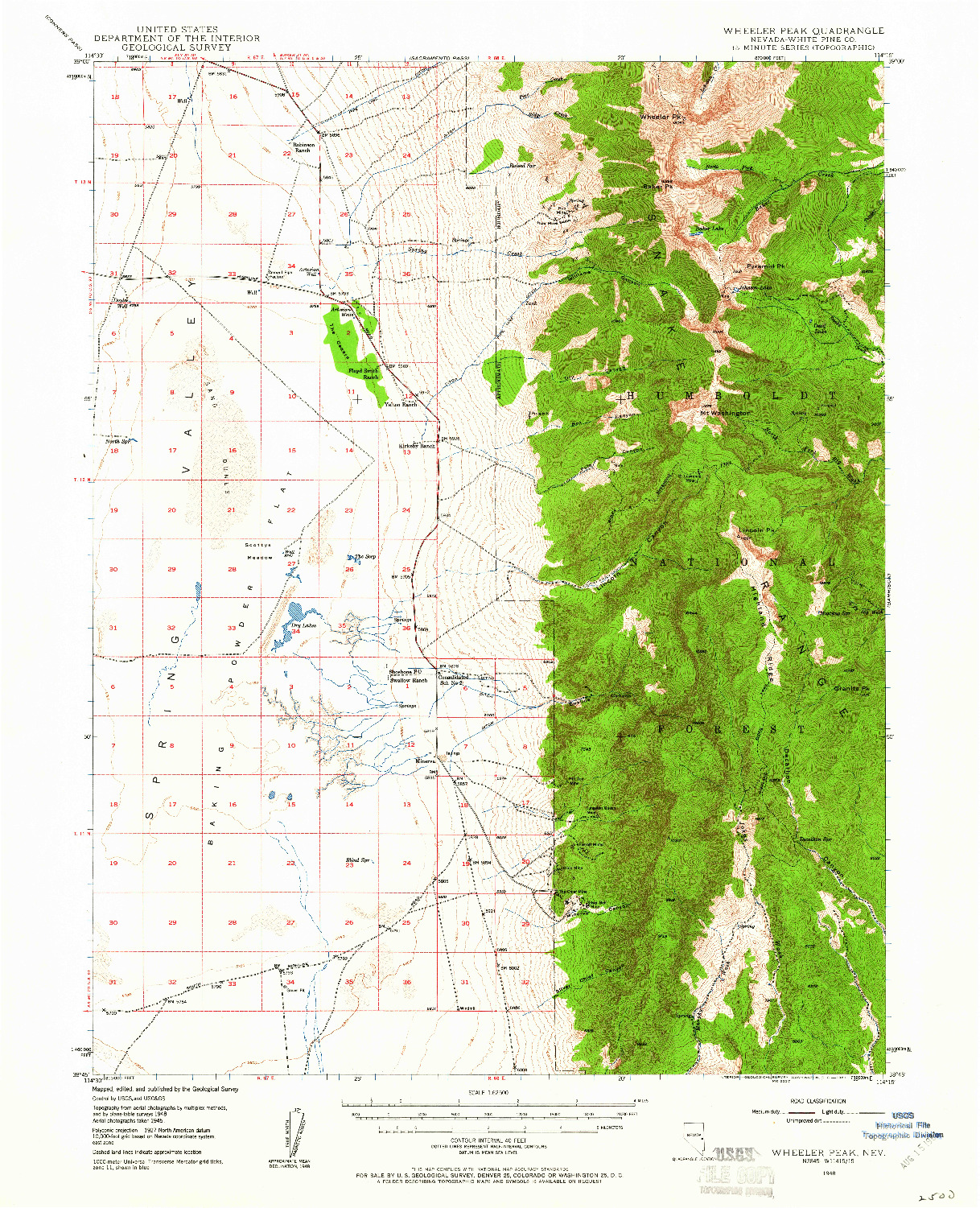 USGS 1:62500-SCALE QUADRANGLE FOR WHEELER PEAK, NV 1948