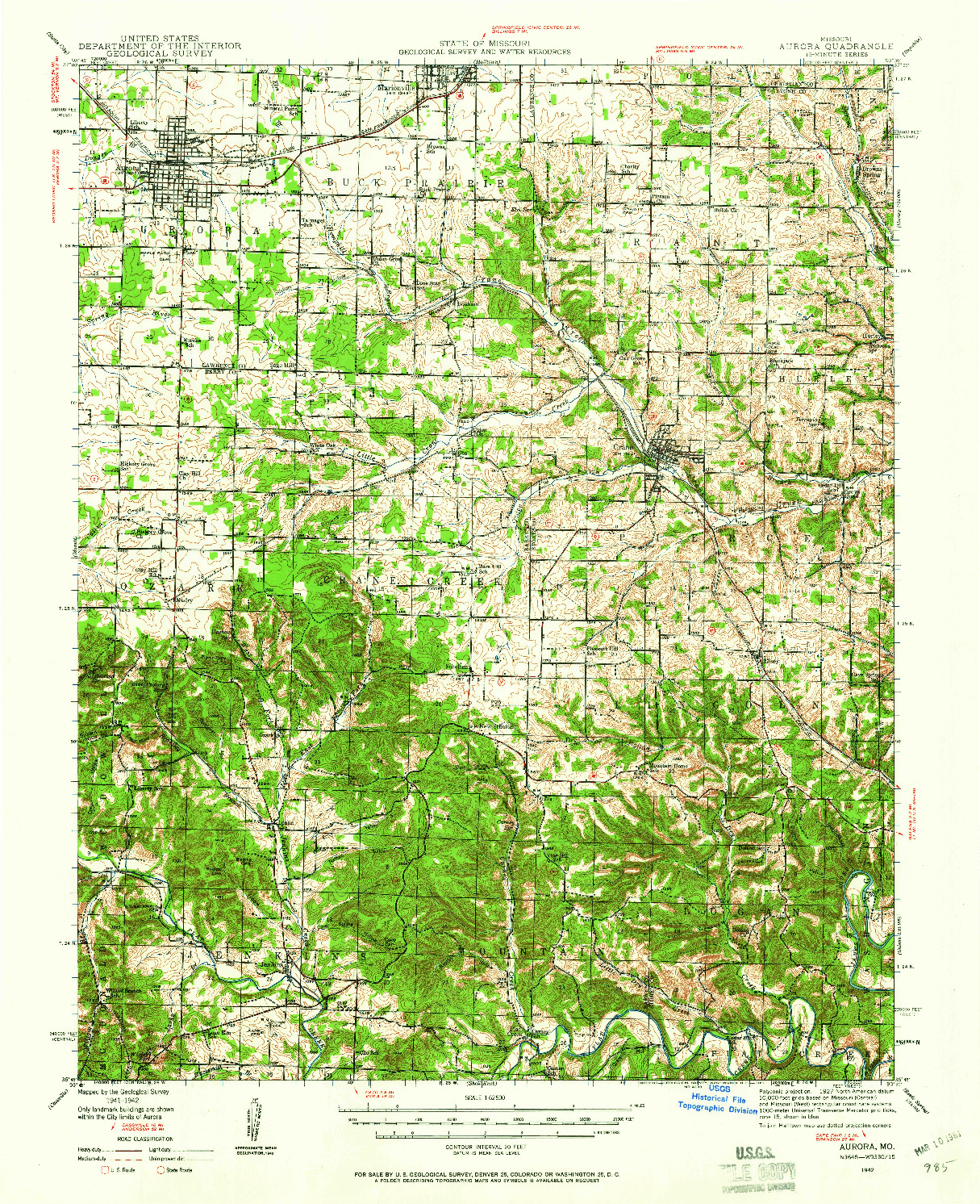USGS 1:62500-SCALE QUADRANGLE FOR AURORA, MO 1942