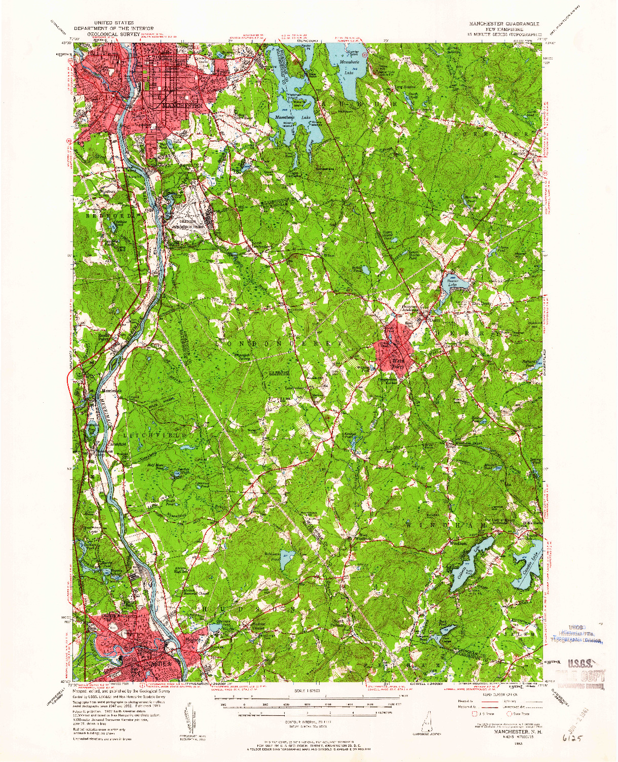 USGS 1:62500-SCALE QUADRANGLE FOR MANCHESTER, NH 1953