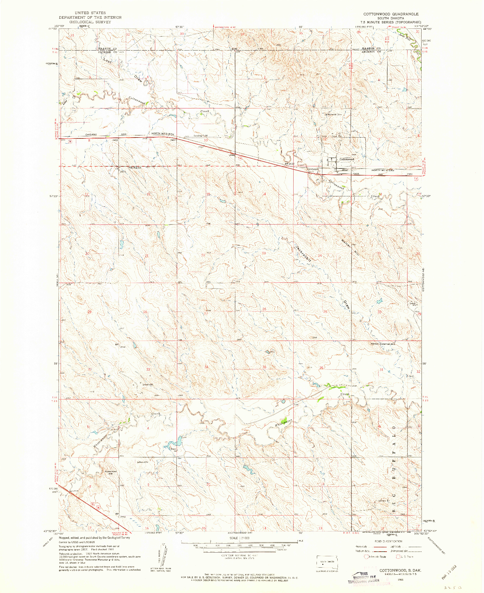 USGS 1:24000-SCALE QUADRANGLE FOR COTTONWOOD, SD 1961