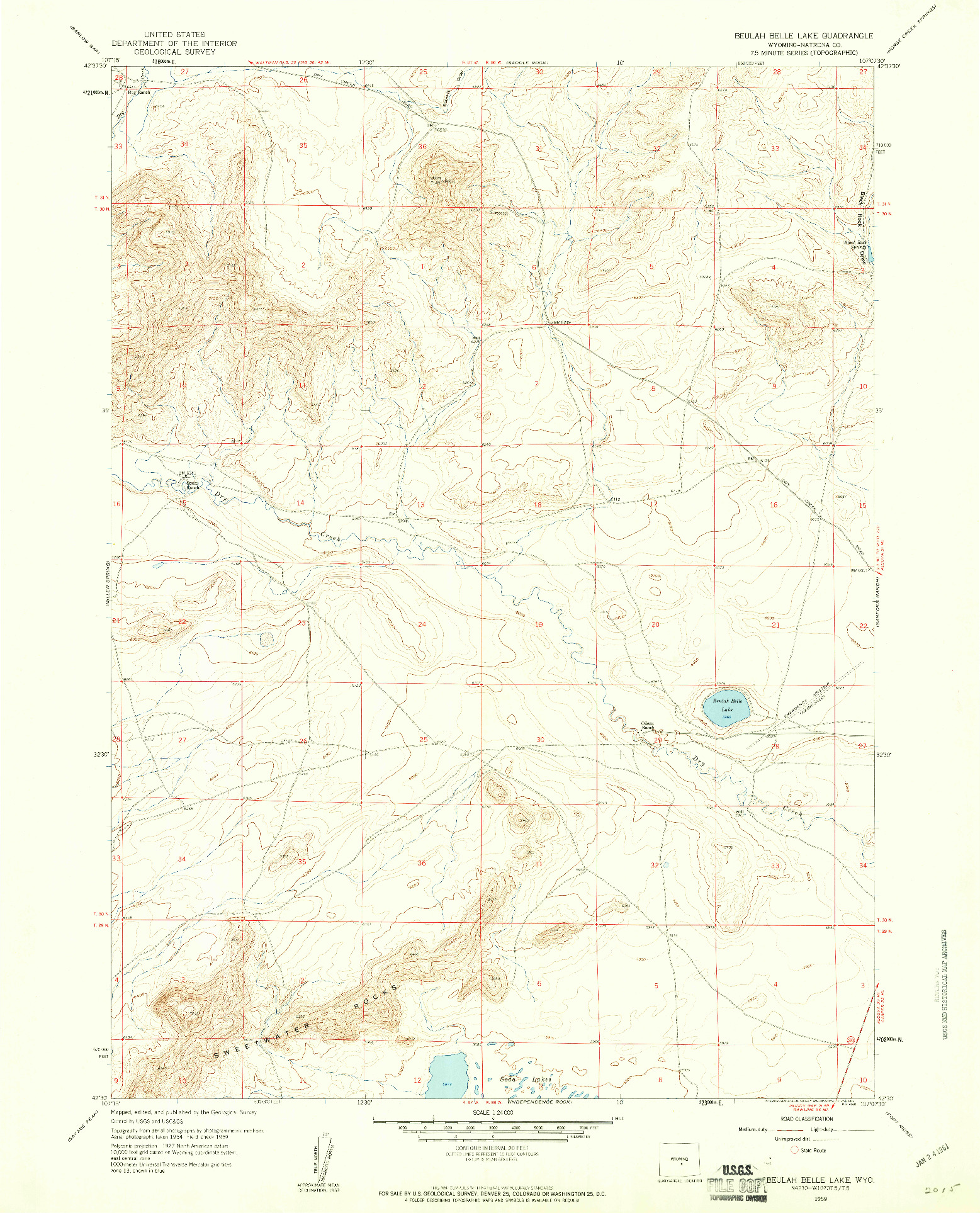 USGS 1:24000-SCALE QUADRANGLE FOR BEULAH BELLE LAKE, WY 1959