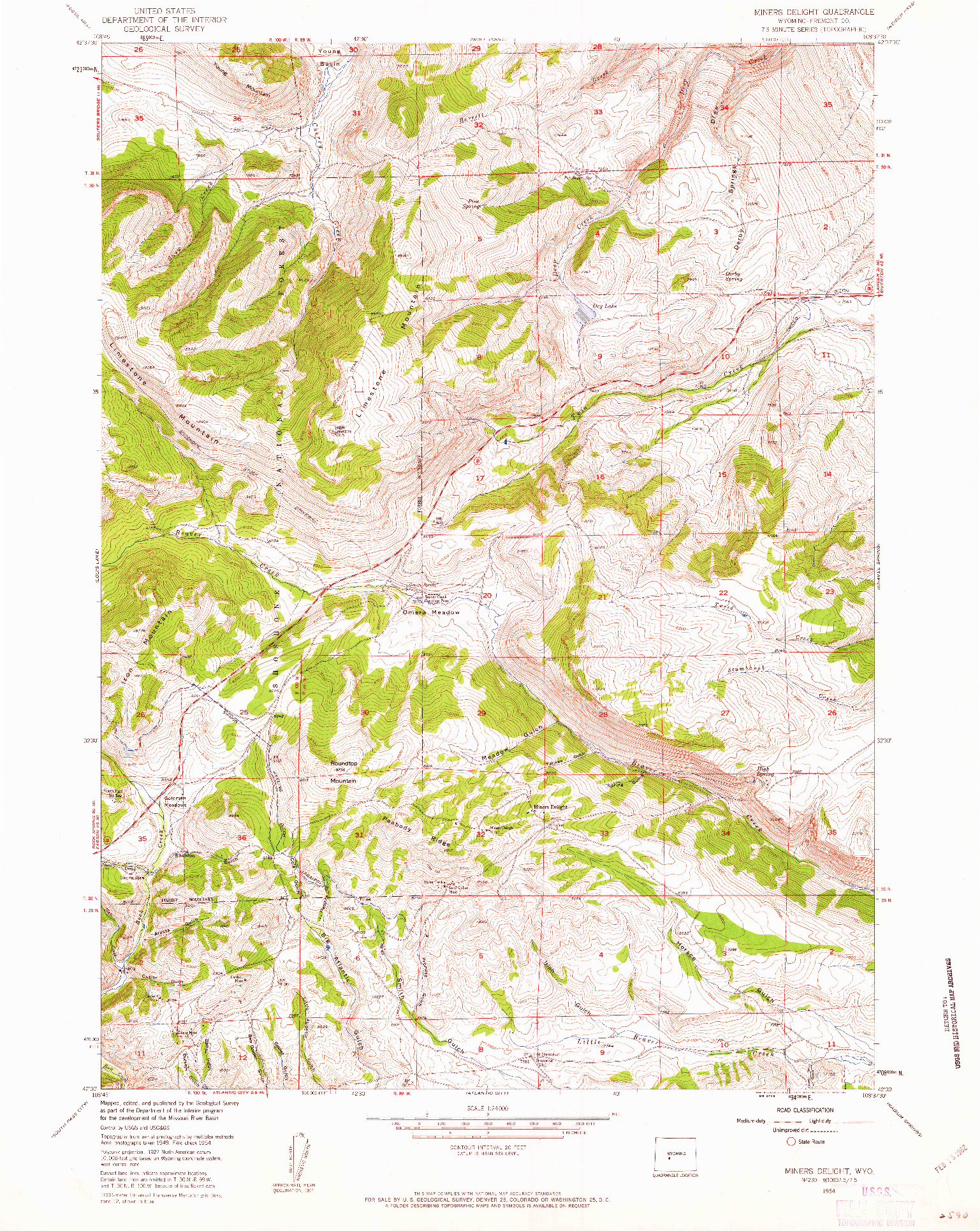 USGS 1:24000-SCALE QUADRANGLE FOR MINERS DELIGHT, WY 1954