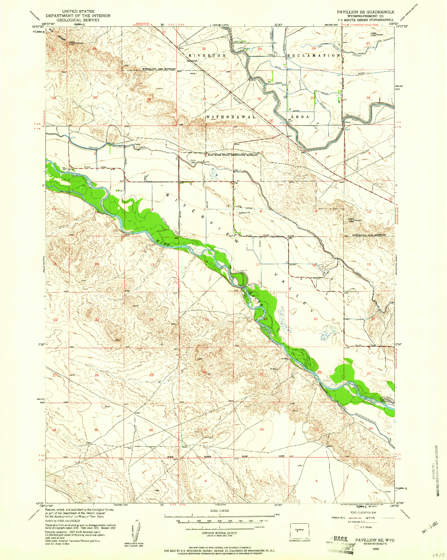 USGS 1:24000-SCALE QUADRANGLE FOR PAVILLION SE, WY 1959