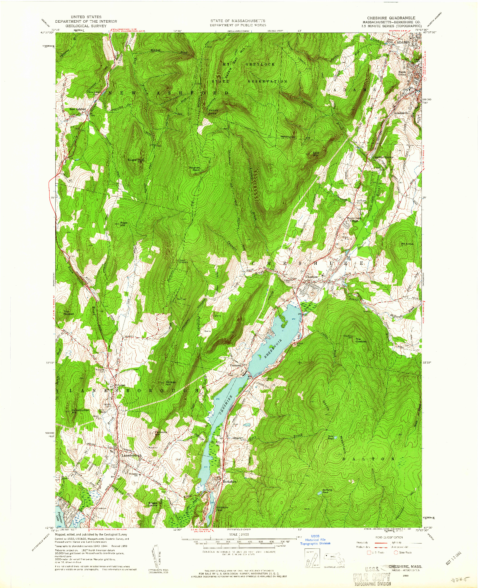 USGS 1:24000-SCALE QUADRANGLE FOR CHESHIRE, MA 1959