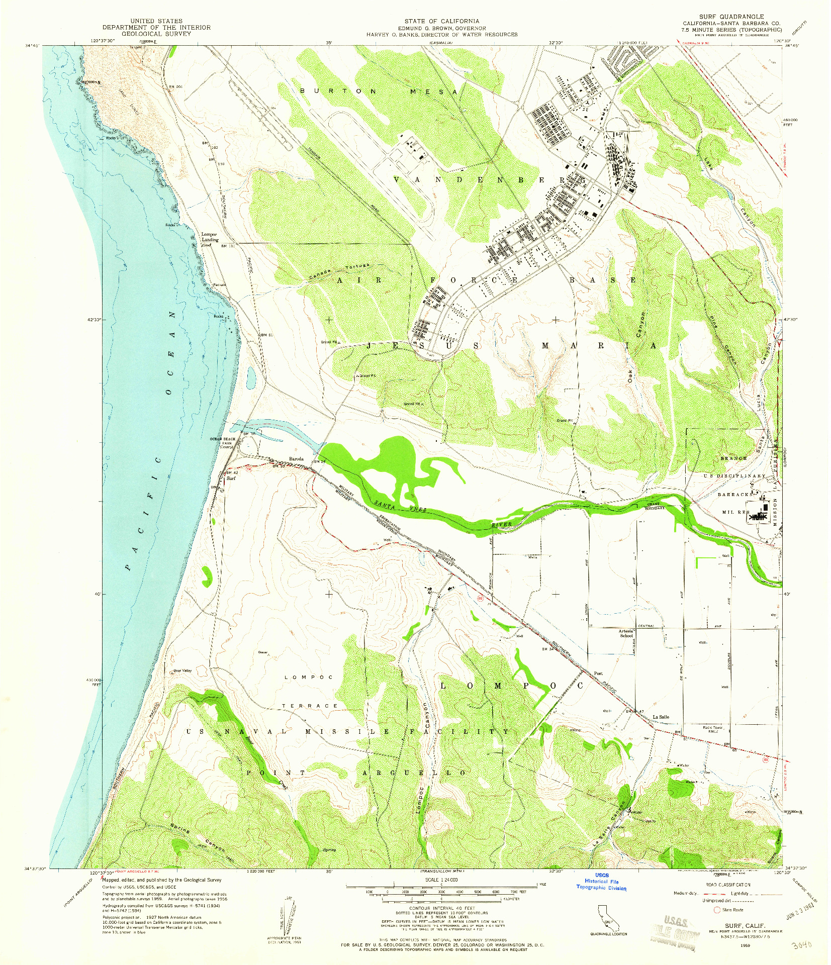 USGS 1:24000-SCALE QUADRANGLE FOR SURF, CA 1959