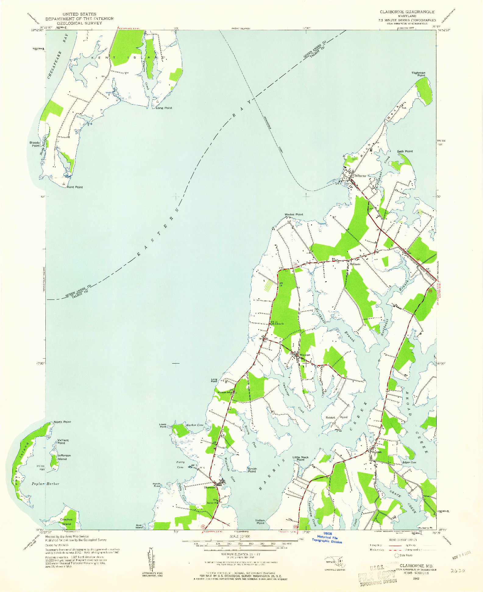 USGS 1:24000-SCALE QUADRANGLE FOR CLAIBORNE, MD 1942