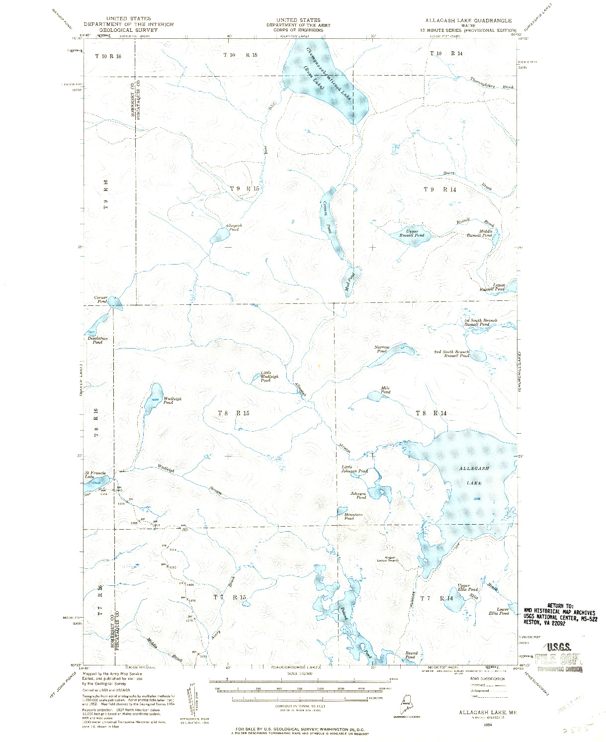 USGS 1:62500-SCALE QUADRANGLE FOR ALLAGASH LAKE, ME 1954