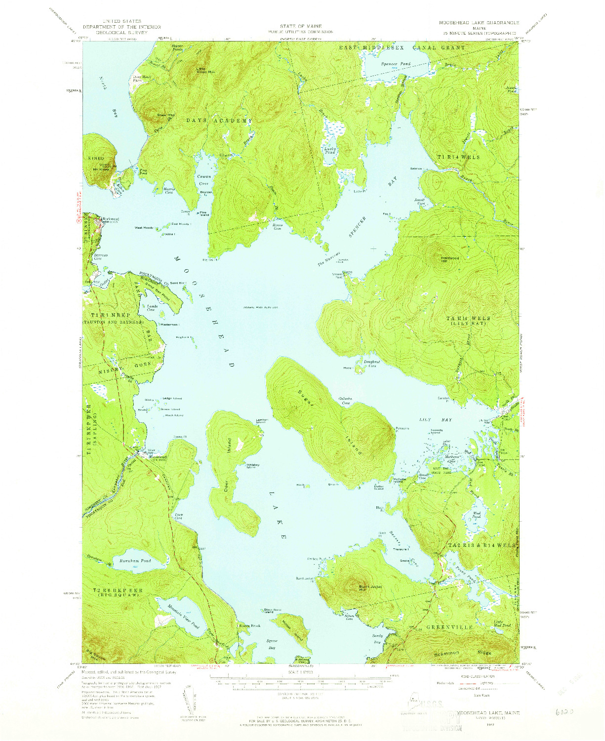 USGS 1:62500-SCALE QUADRANGLE FOR MOOSEHEAD LAKE, ME 1957