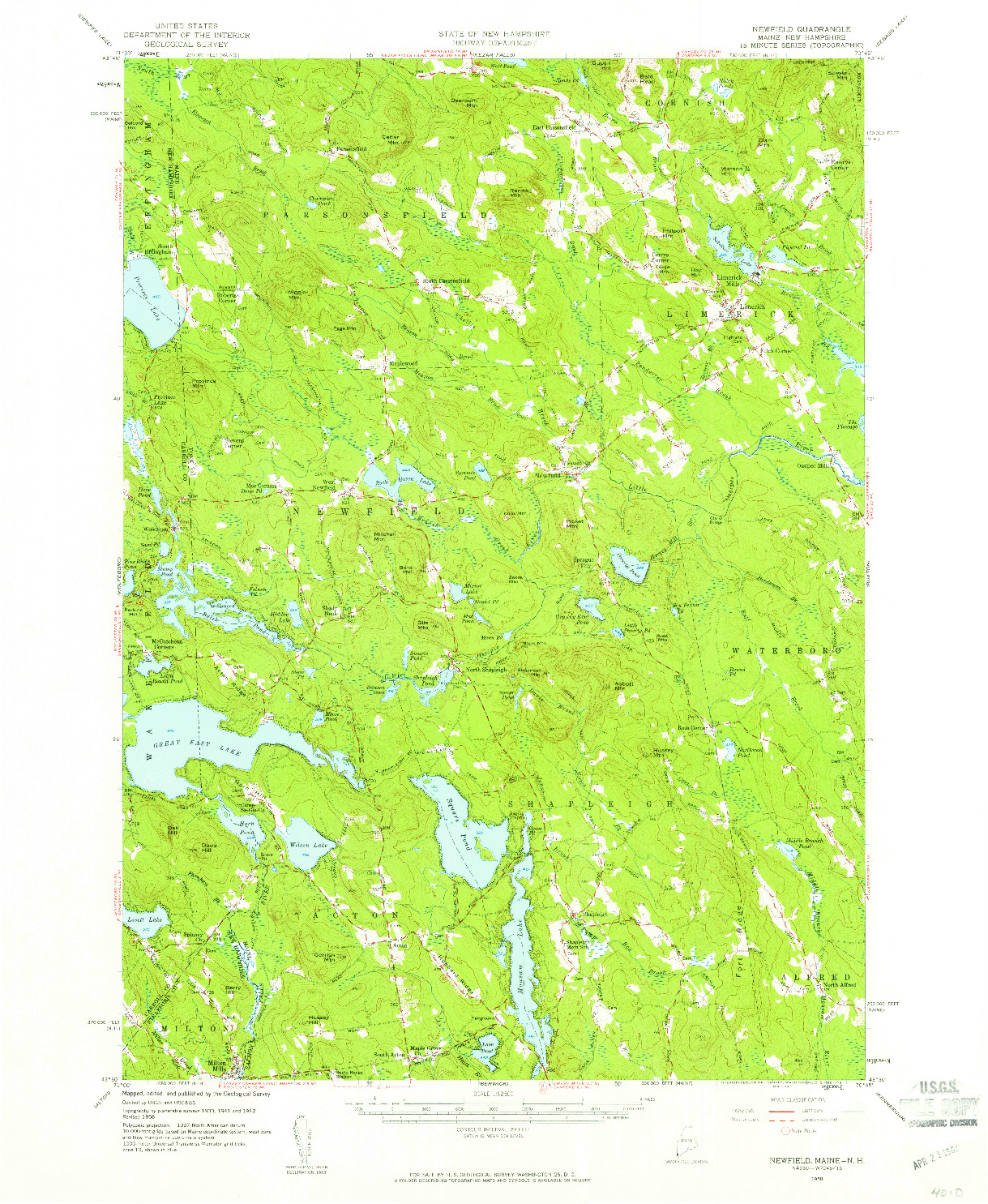 USGS 1:62500-SCALE QUADRANGLE FOR NEWFIELD, ME 1958