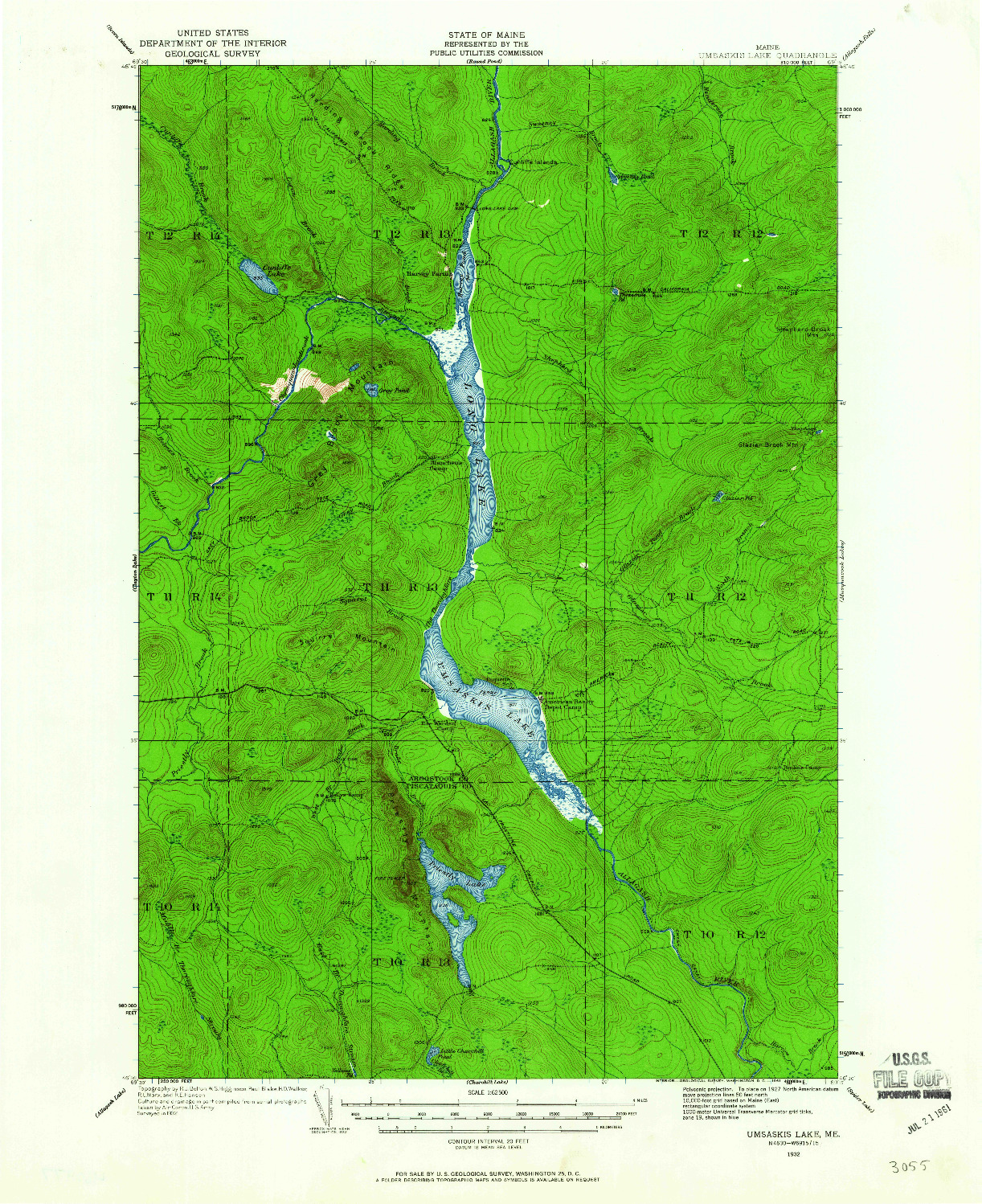 USGS 1:62500-SCALE QUADRANGLE FOR UMSASKIS LAKE, ME 1932