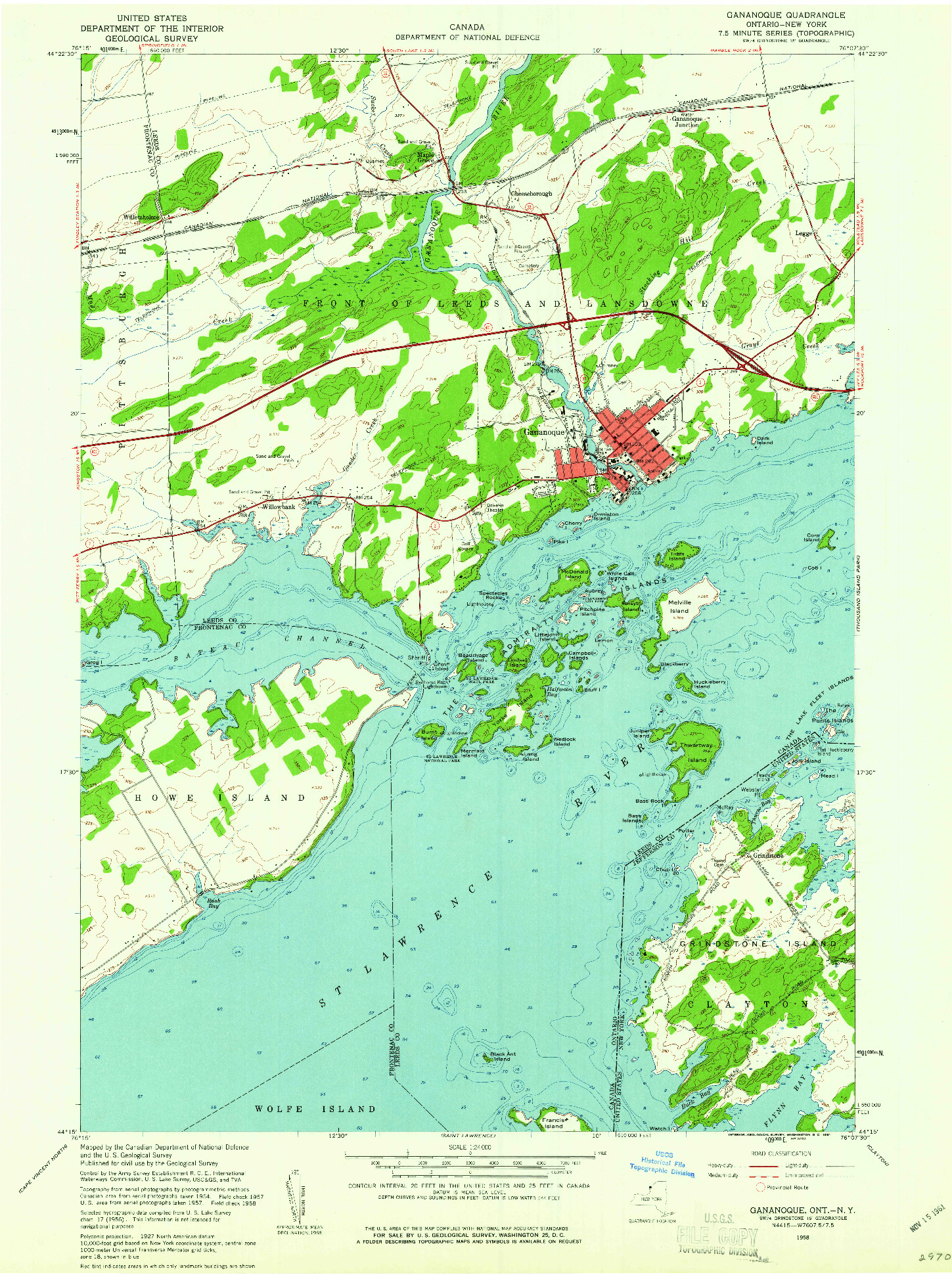 USGS 1:24000-SCALE QUADRANGLE FOR GANANOQUE, NY 1958