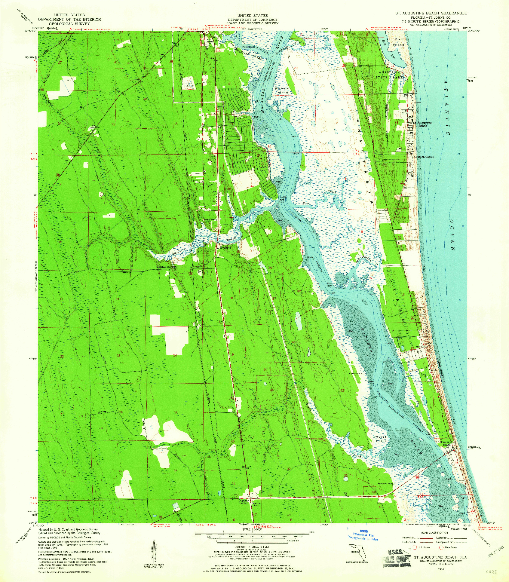 USGS 1:24000-SCALE QUADRANGLE FOR ST. AUGUSTINE BEACH, FL 1956