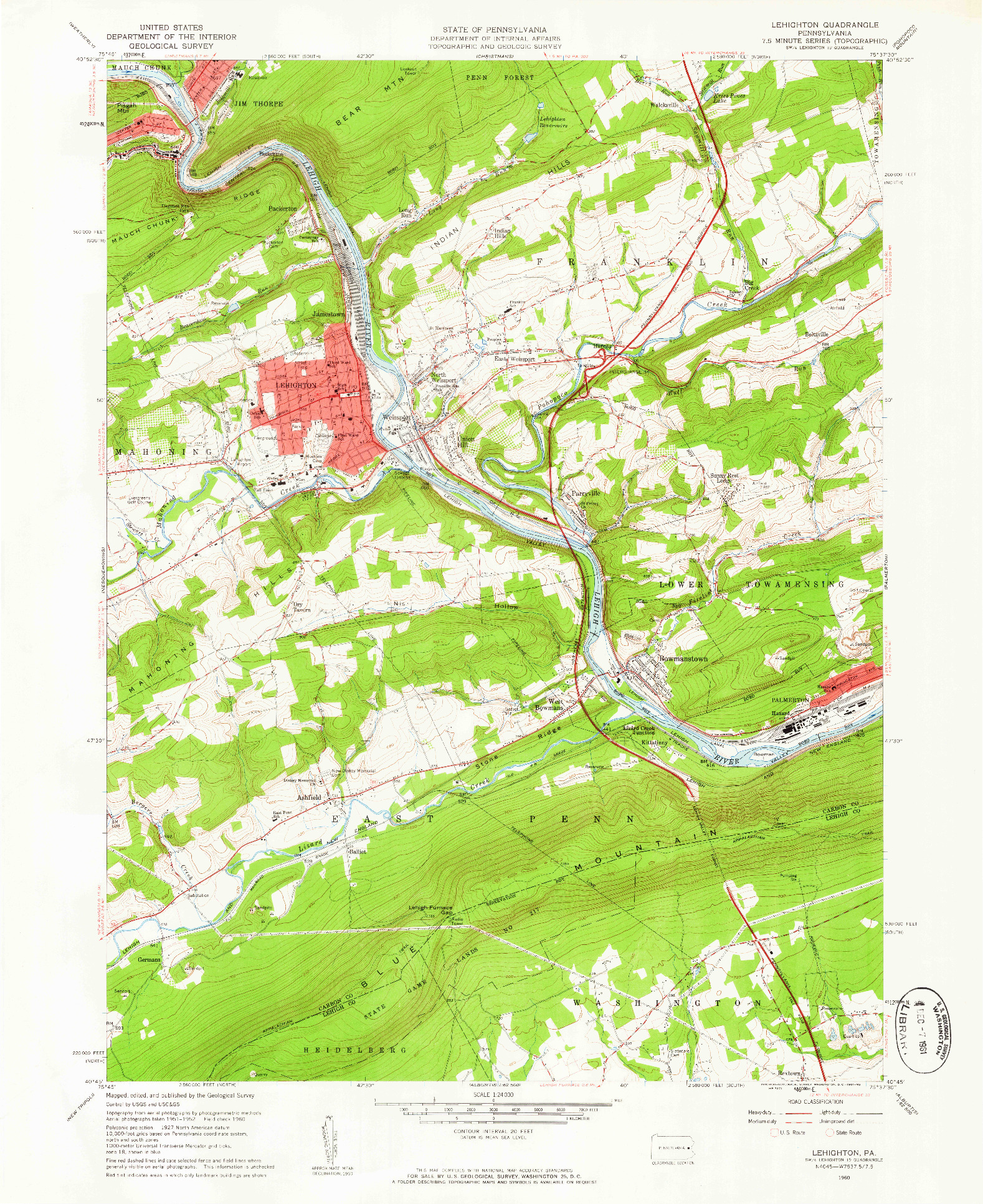 USGS 1:24000-SCALE QUADRANGLE FOR LEHIGHTON, PA 1960