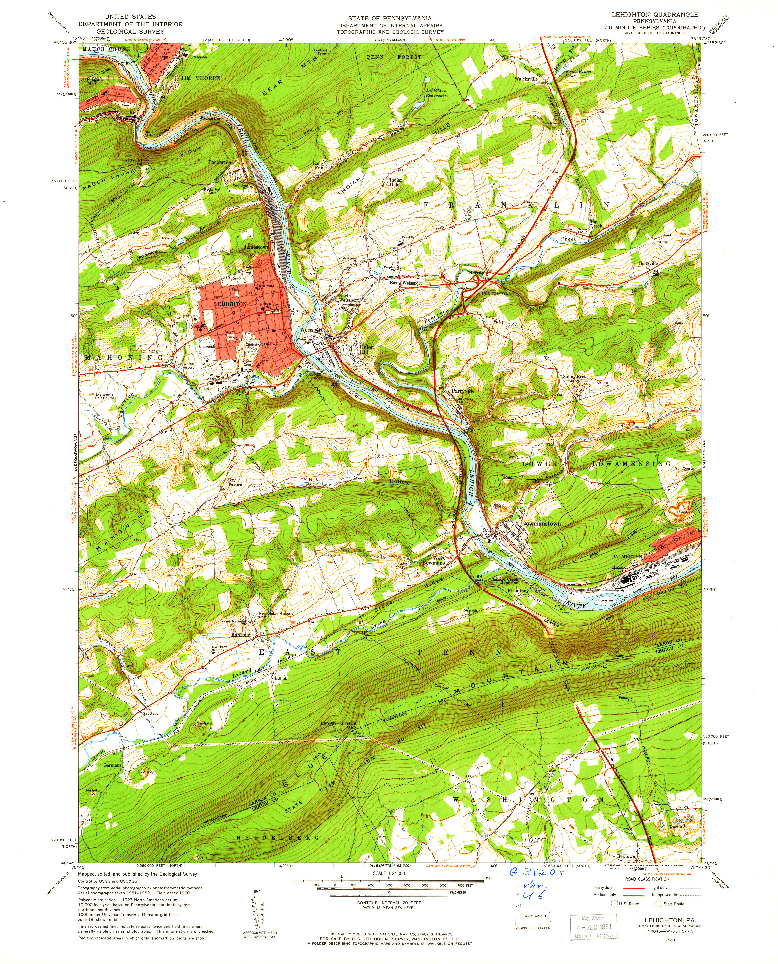 USGS 1:24000-SCALE QUADRANGLE FOR LEHIGHTON, PA 1960