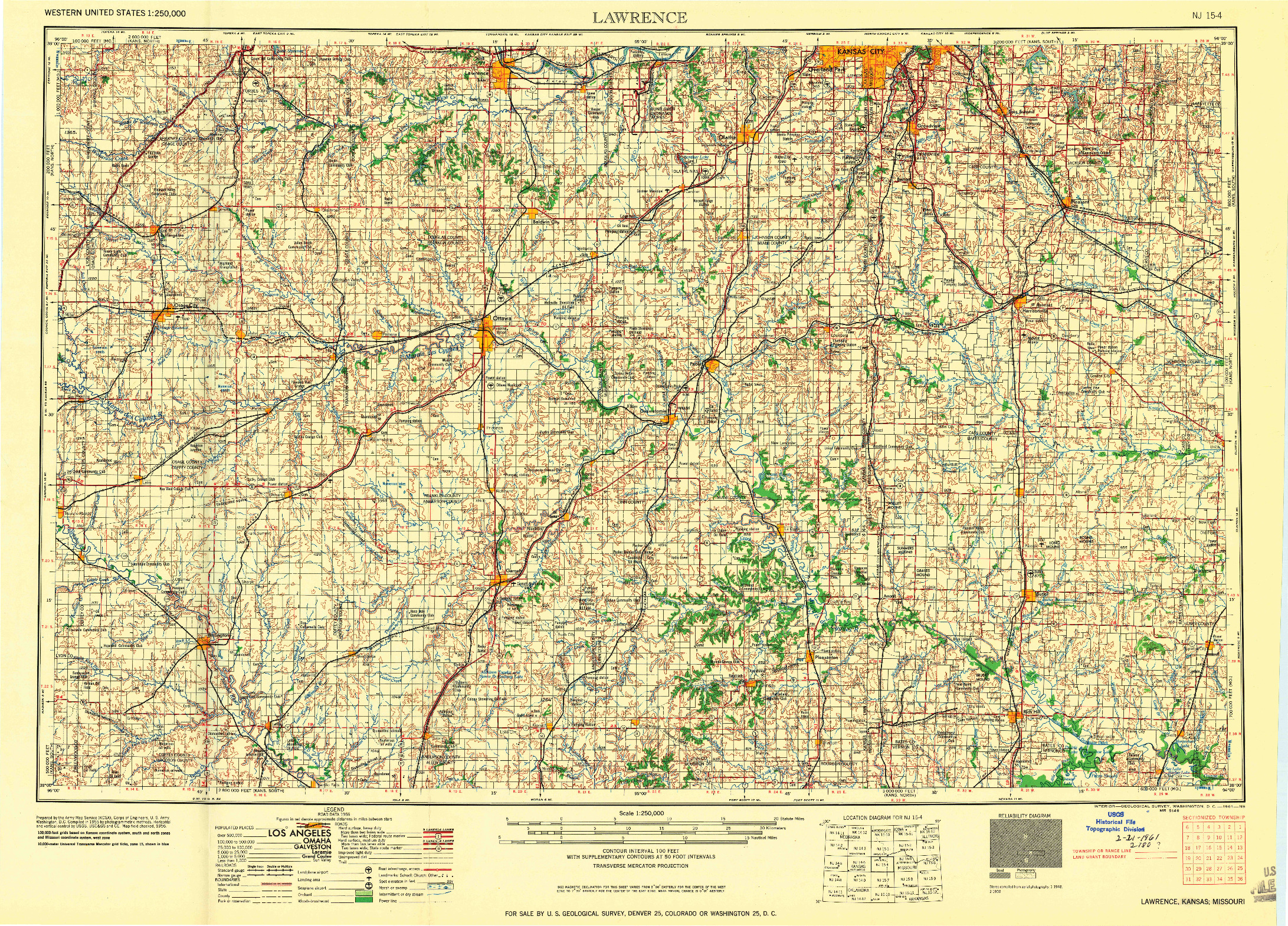 USGS 1:250000-SCALE QUADRANGLE FOR LAWRENCE, KS 1961