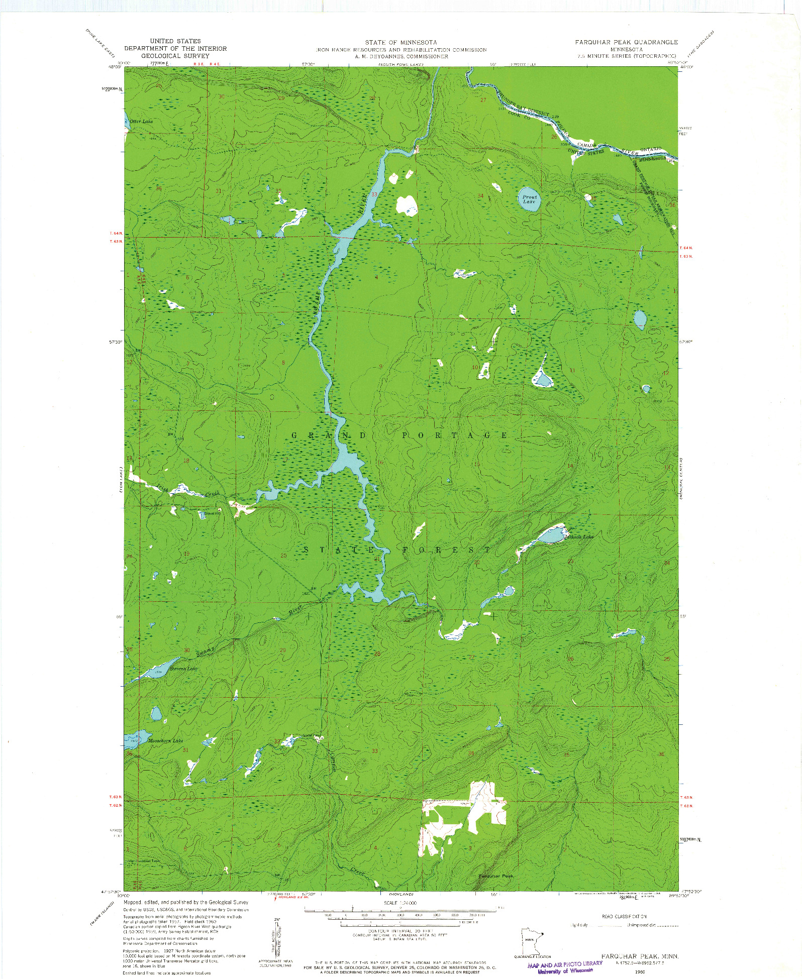 USGS 1:24000-SCALE QUADRANGLE FOR FARQUHAR PEAK, MN 1960