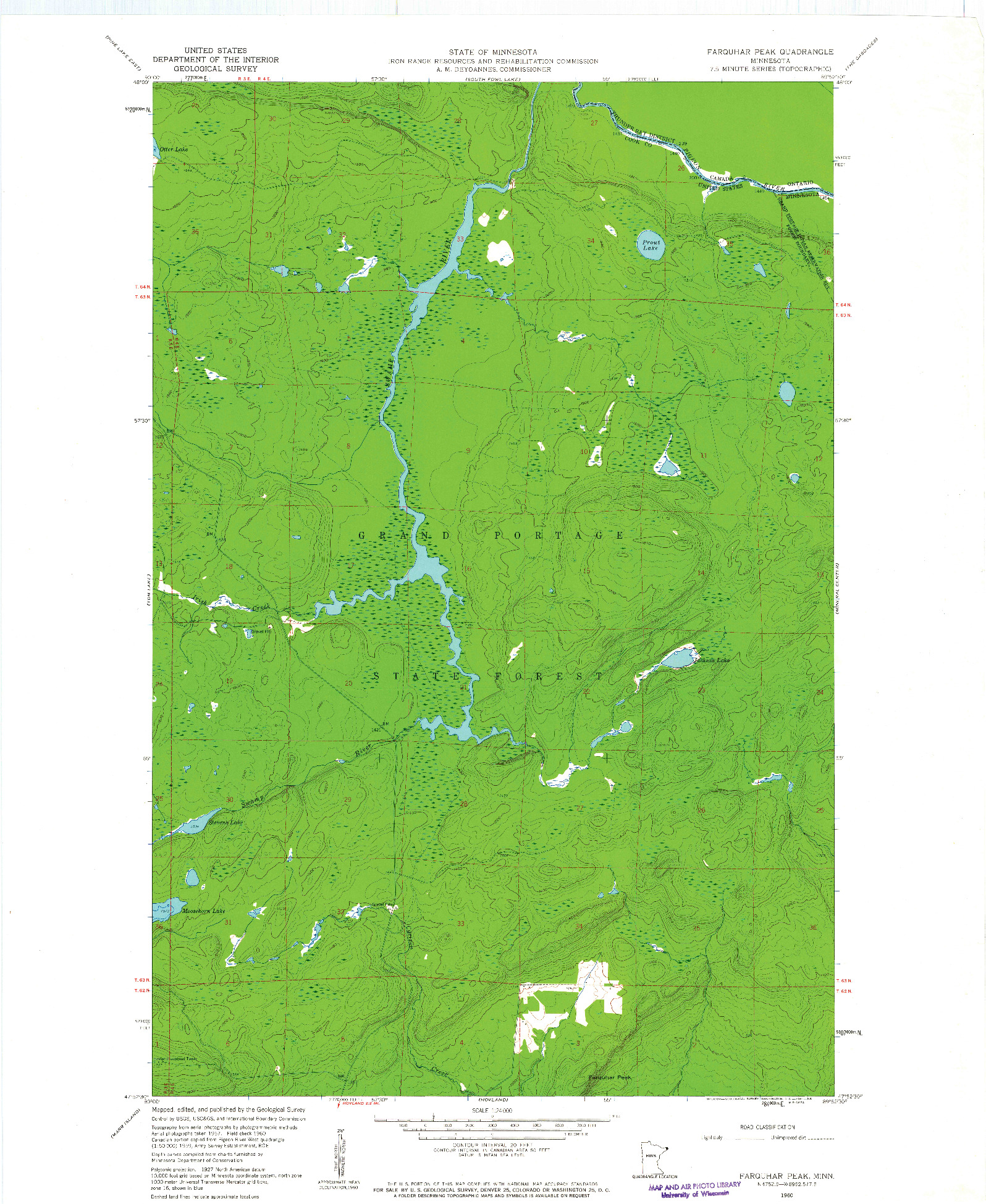 USGS 1:24000-SCALE QUADRANGLE FOR FARQUHAR PEAK, MN 1960