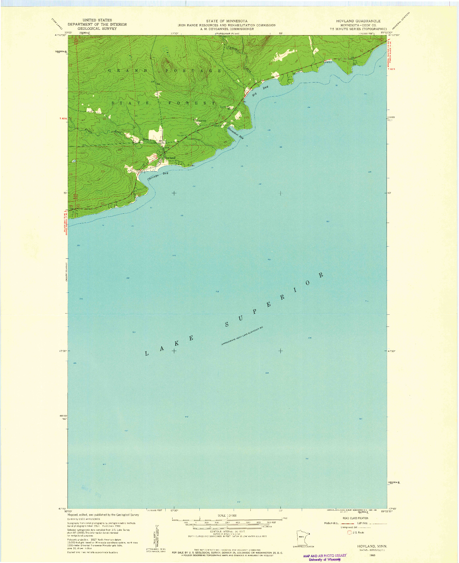 USGS 1:24000-SCALE QUADRANGLE FOR HOVLAND, MN 1960