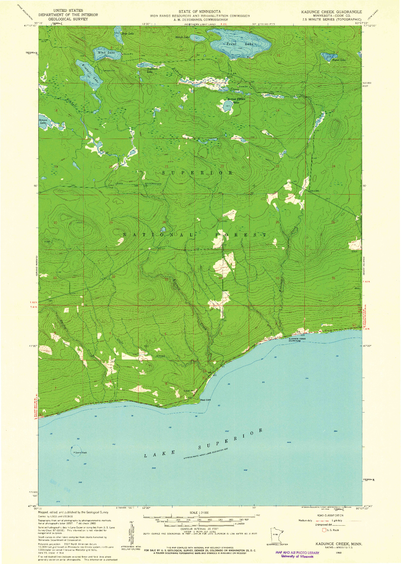 USGS 1:24000-SCALE QUADRANGLE FOR KADUNCE CREEK, MN 1960