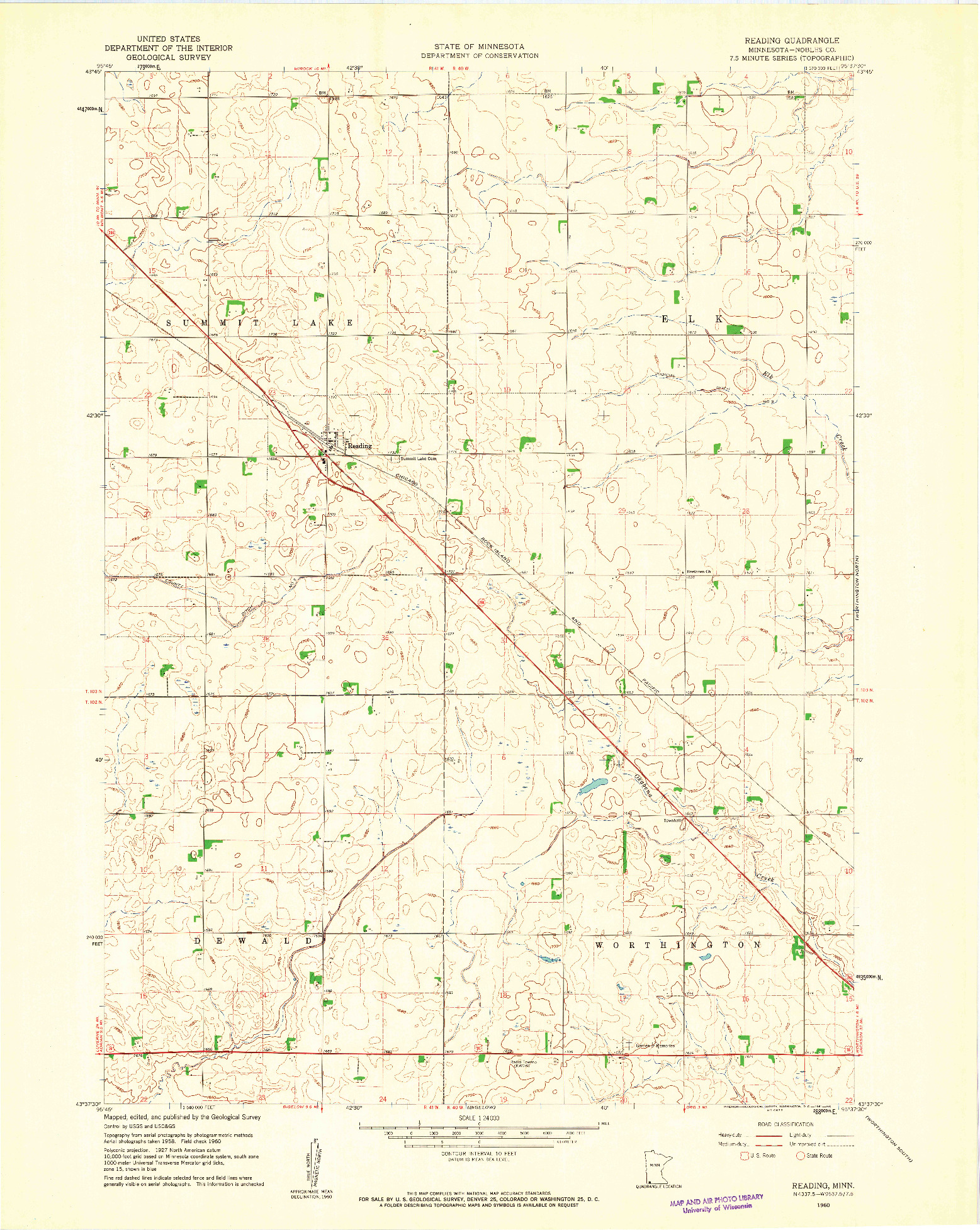 USGS 1:24000-SCALE QUADRANGLE FOR READING, MN 1960