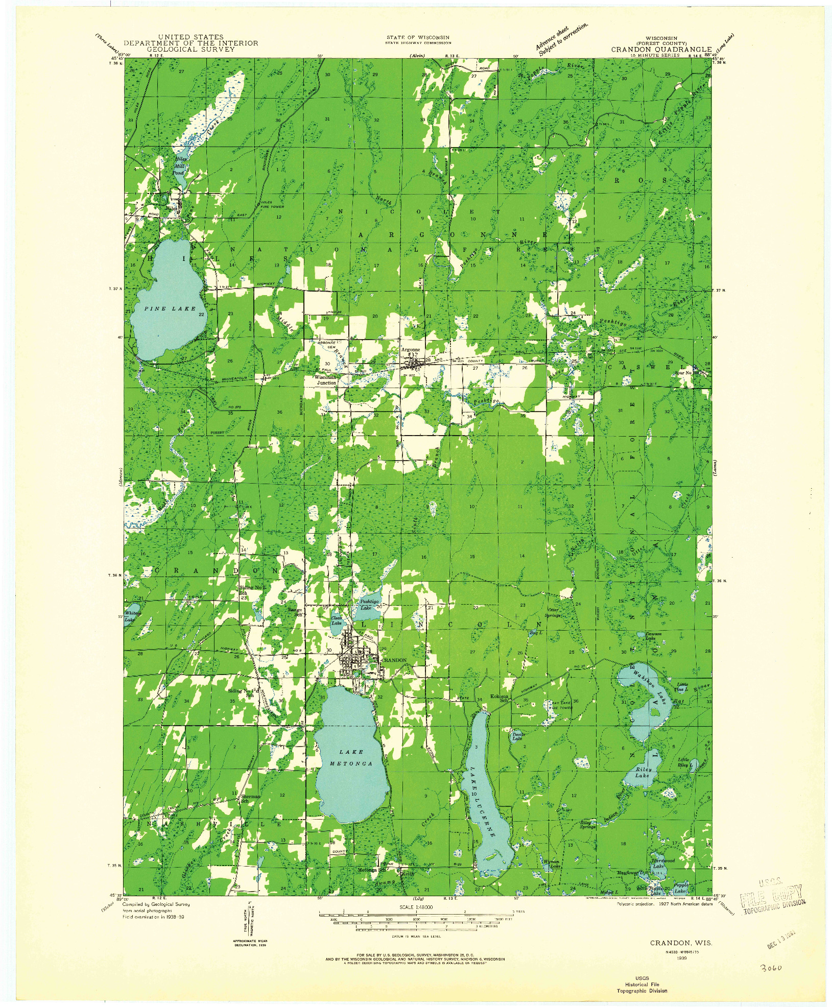 USGS 1:48000-SCALE QUADRANGLE FOR CRANDON, WI 1939