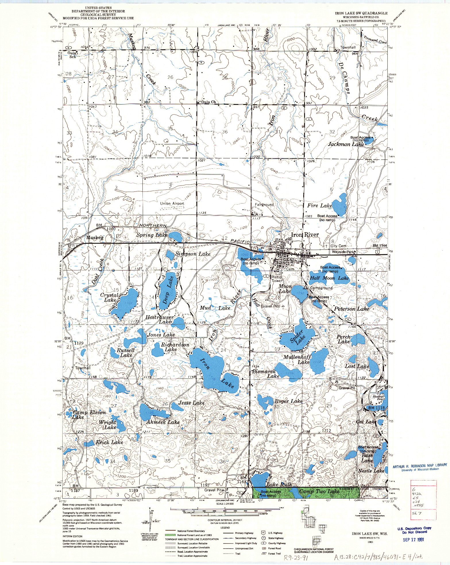 USGS 1:24000-SCALE QUADRANGLE FOR IRON LAKE SW, WI 1961
