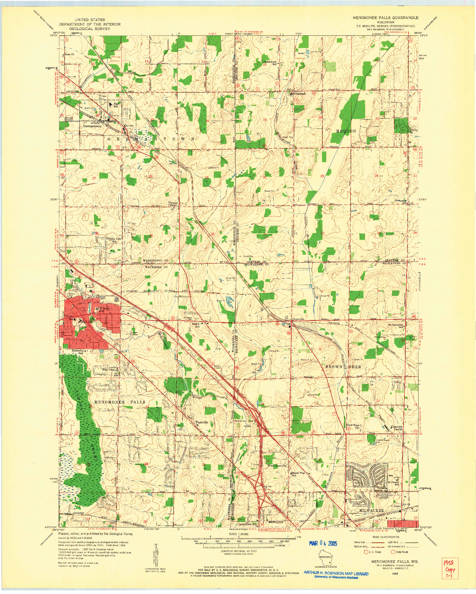 USGS 1:24000-SCALE QUADRANGLE FOR MENOMONEE FALLS, WI 1958