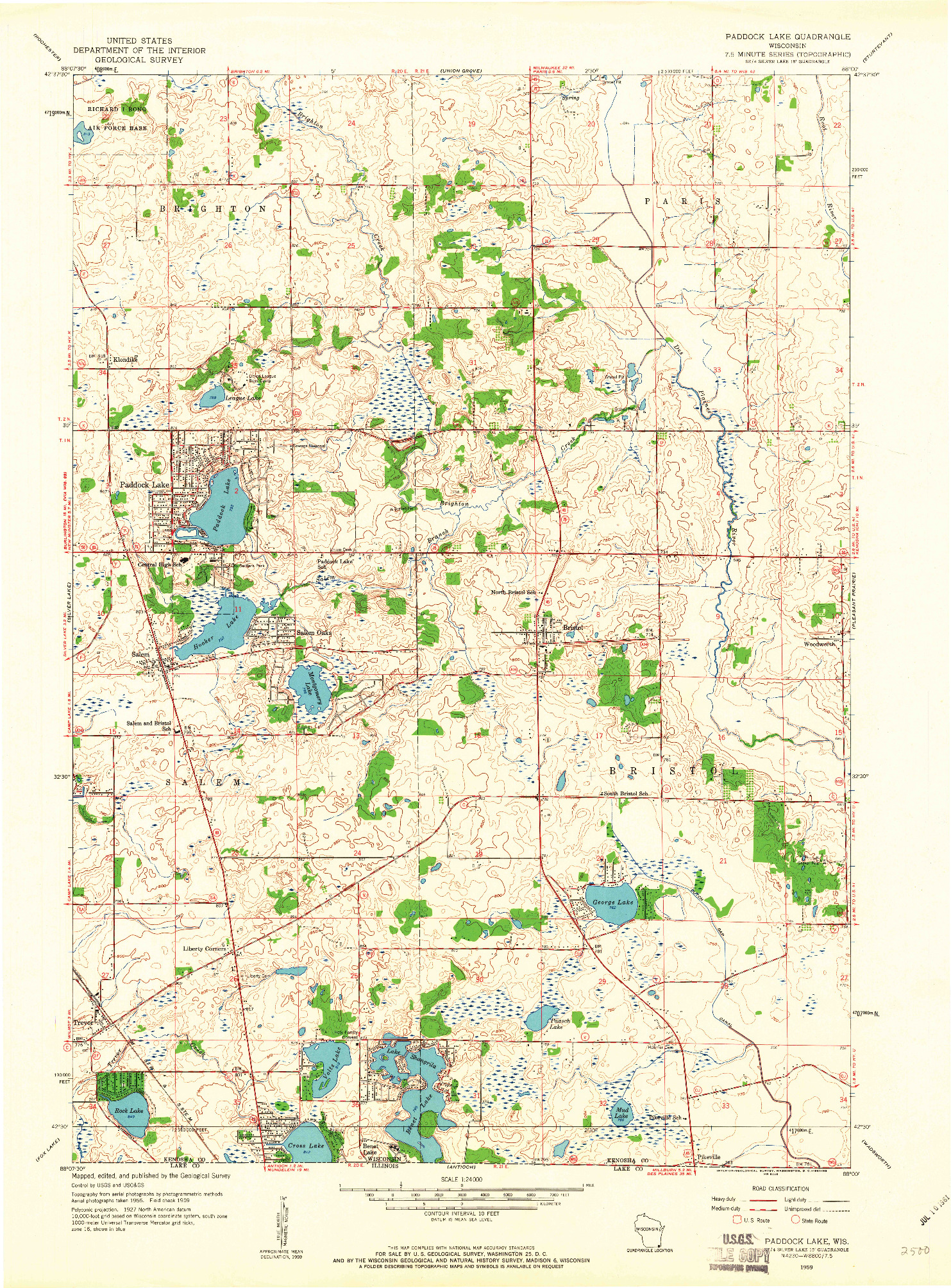 USGS 1:24000-SCALE QUADRANGLE FOR PADDOCK LAKE, WI 1959
