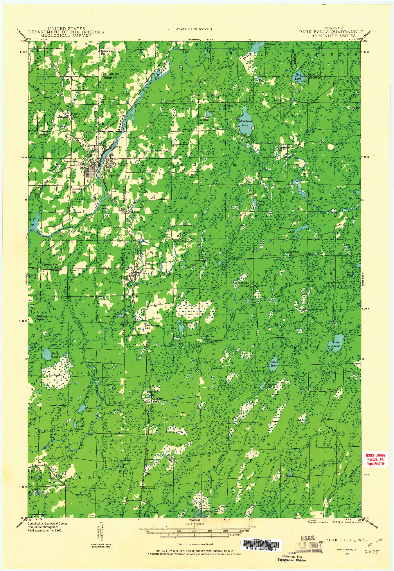 USGS 1:48000-SCALE QUADRANGLE FOR PARK FALLS, WI 1941