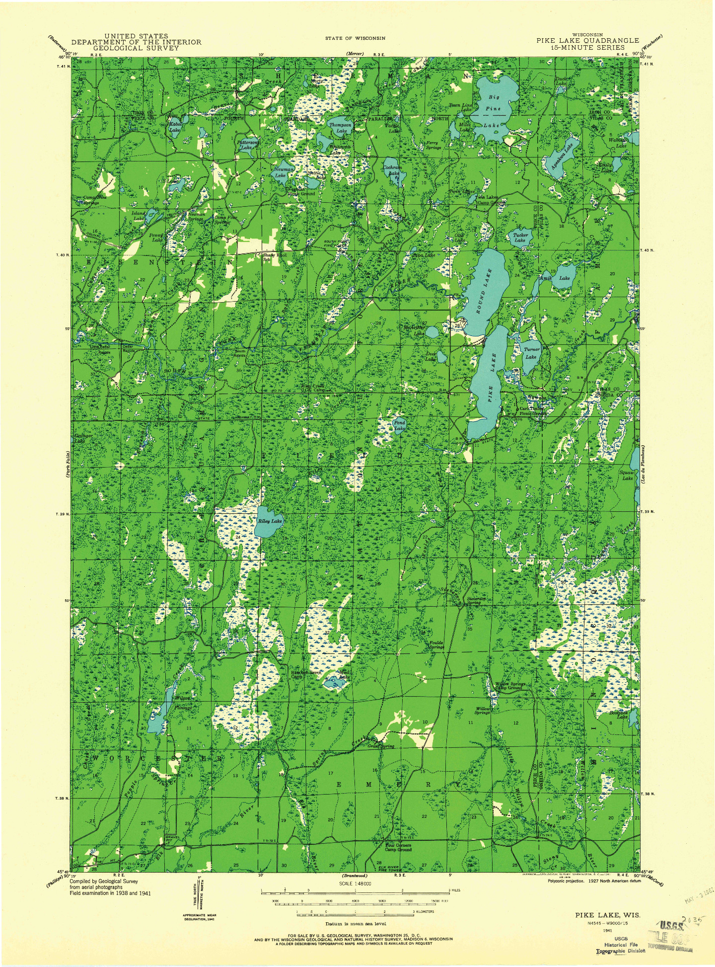 USGS 1:48000-SCALE QUADRANGLE FOR PIKE LAKE, WI 1941
