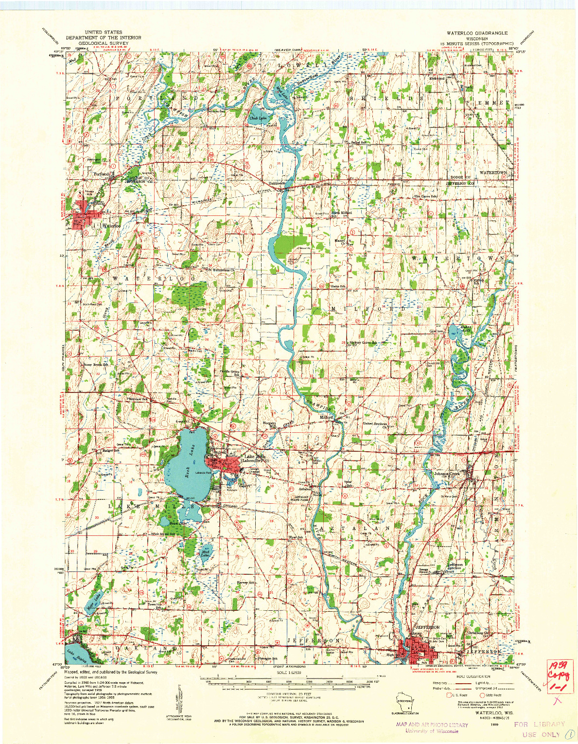 USGS 1:62500-SCALE QUADRANGLE FOR WATERLOO, WI 1959