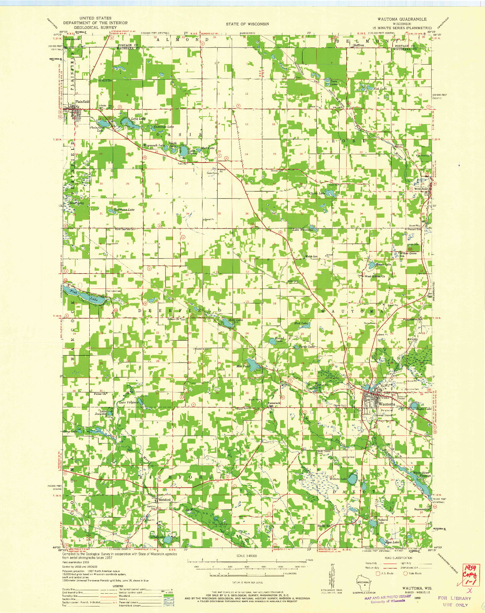 USGS 1:48000-SCALE QUADRANGLE FOR WAUTOMA, WI 1959