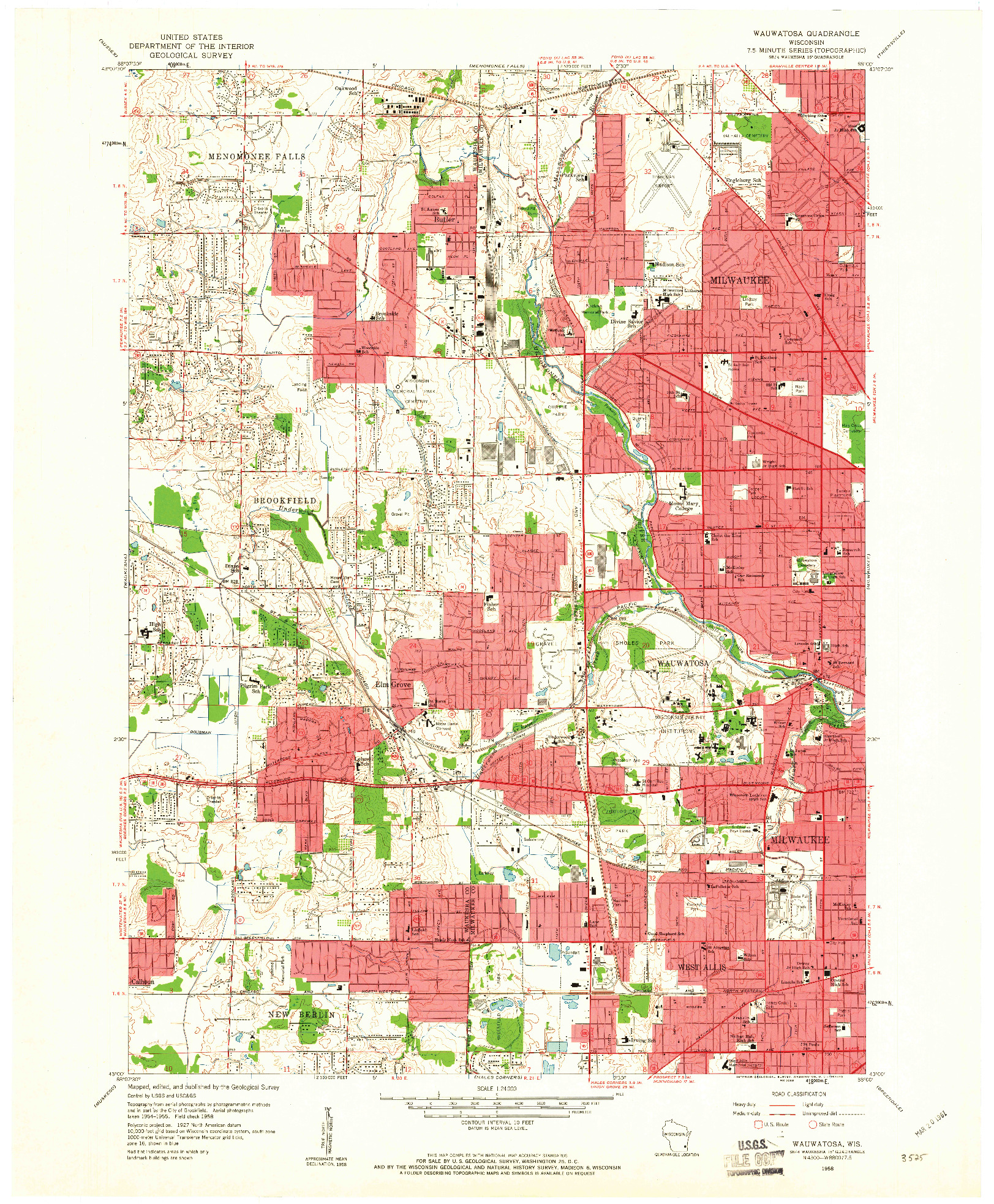 USGS 1:24000-SCALE QUADRANGLE FOR WAUWATOSA, WI 1958