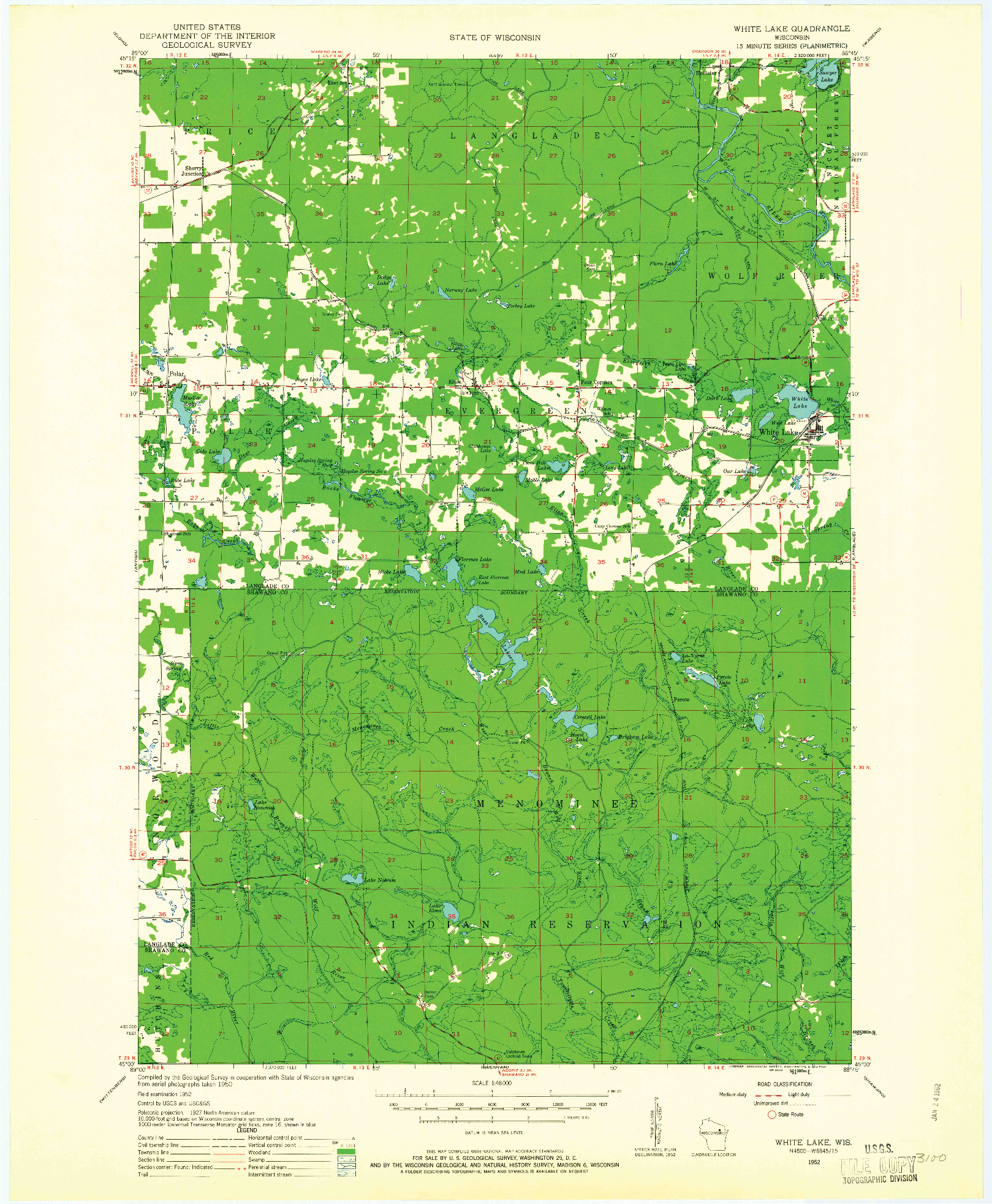 USGS 1:48000-SCALE QUADRANGLE FOR WHITE LAKE, WI 1952