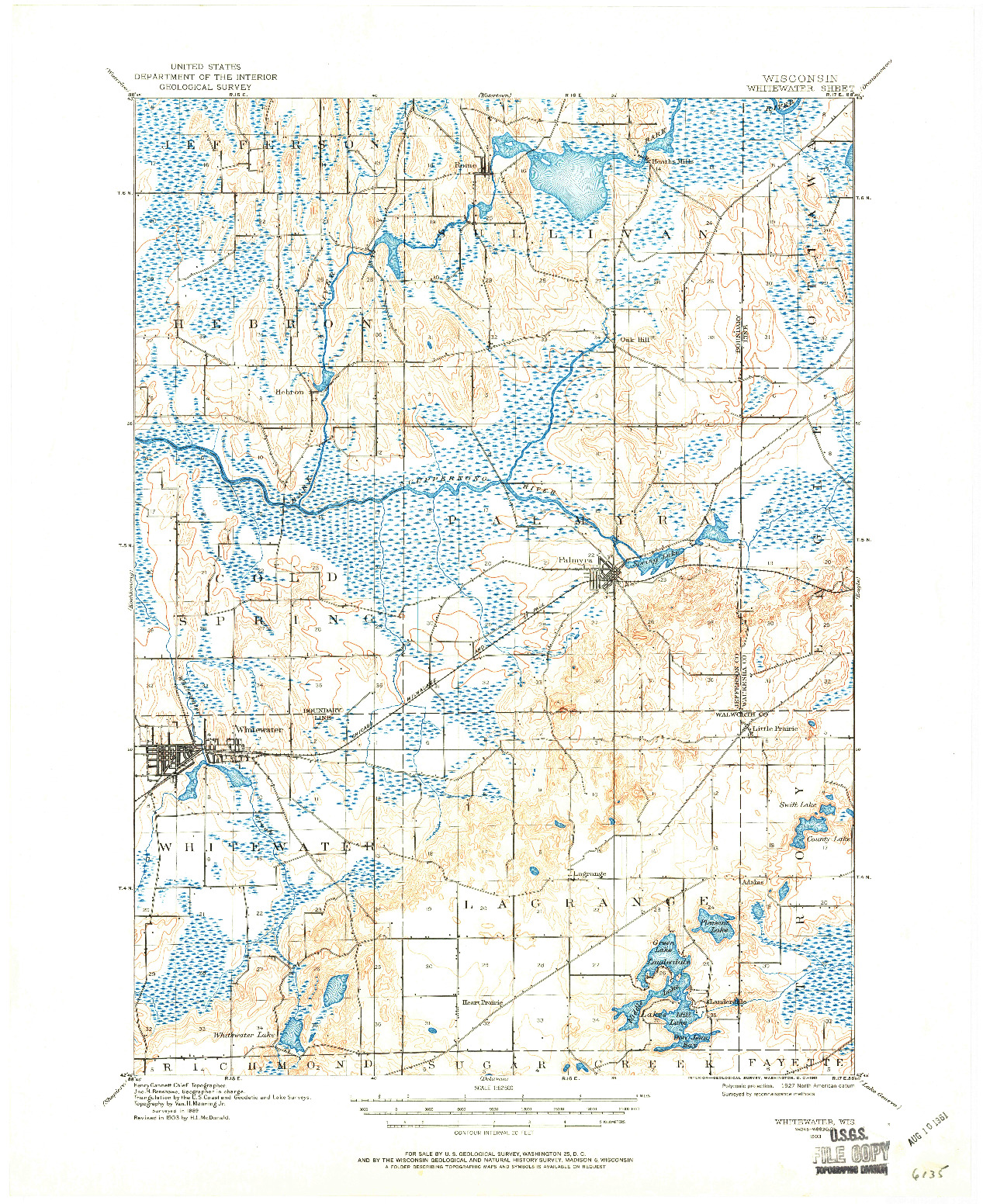 USGS 1:62500-SCALE QUADRANGLE FOR WHITEWATER, WI 1903