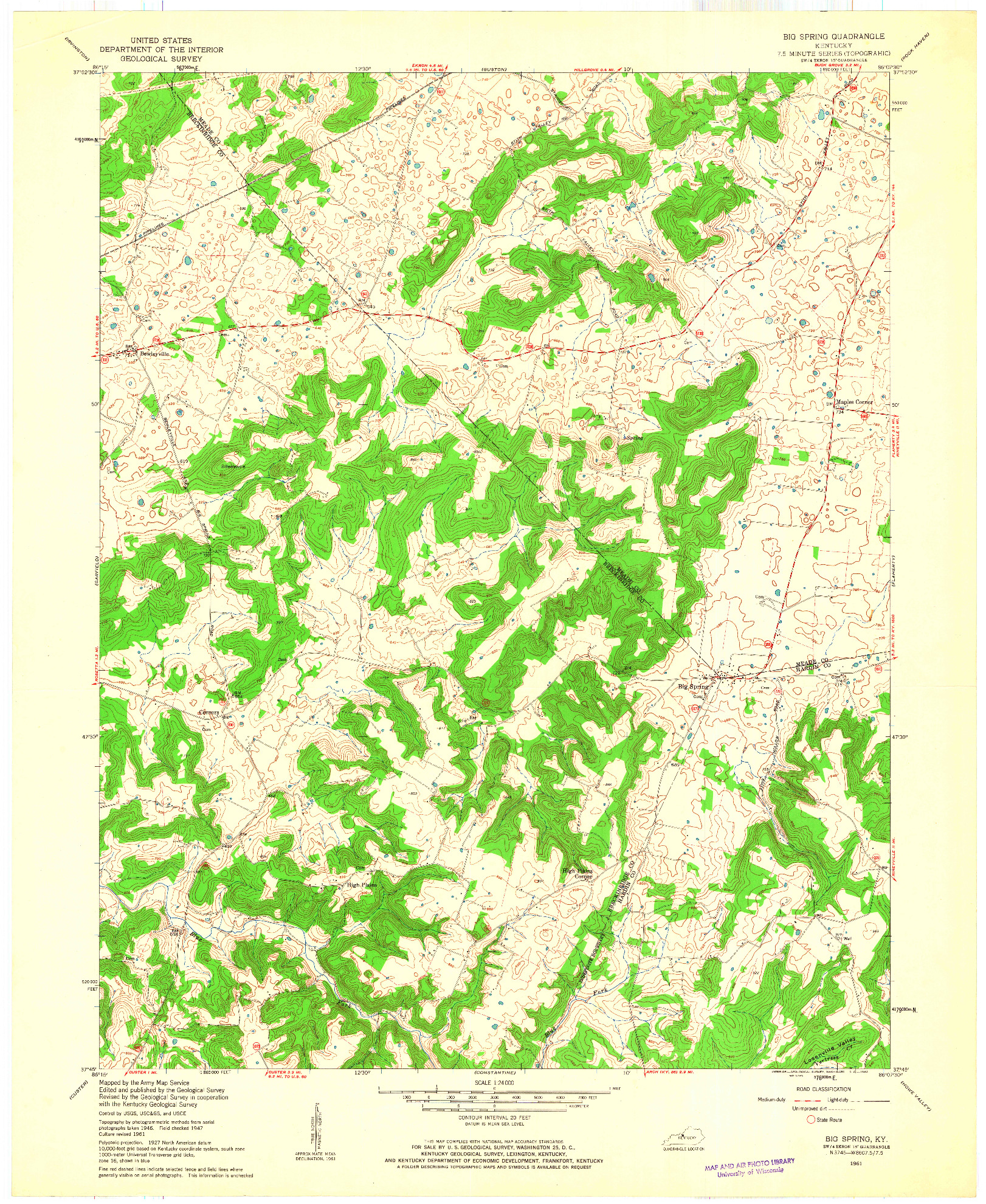 USGS 1:24000-SCALE QUADRANGLE FOR BIG SPRING, KY 1961