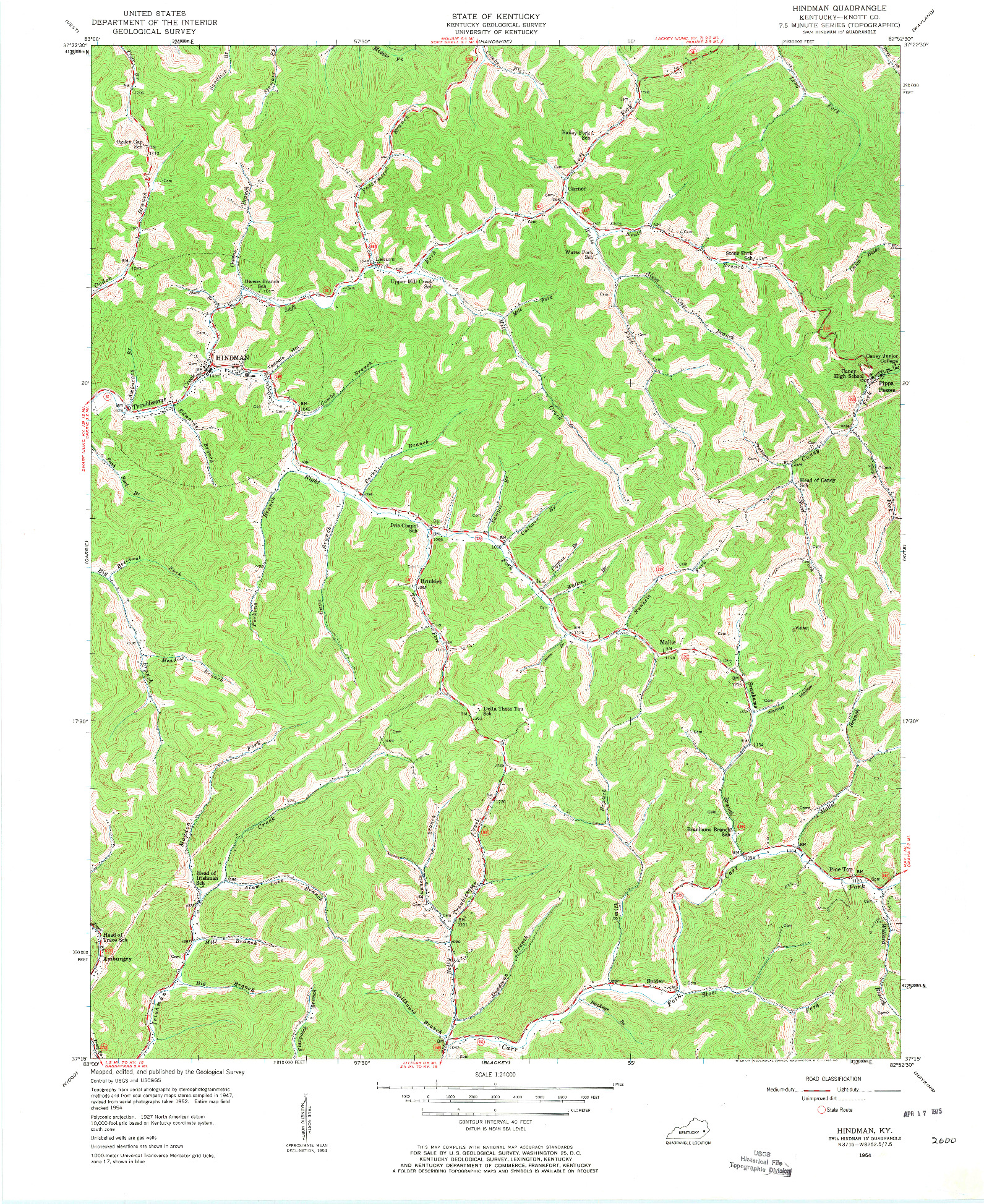 USGS 1:24000-SCALE QUADRANGLE FOR HINDMAN, KY 1954