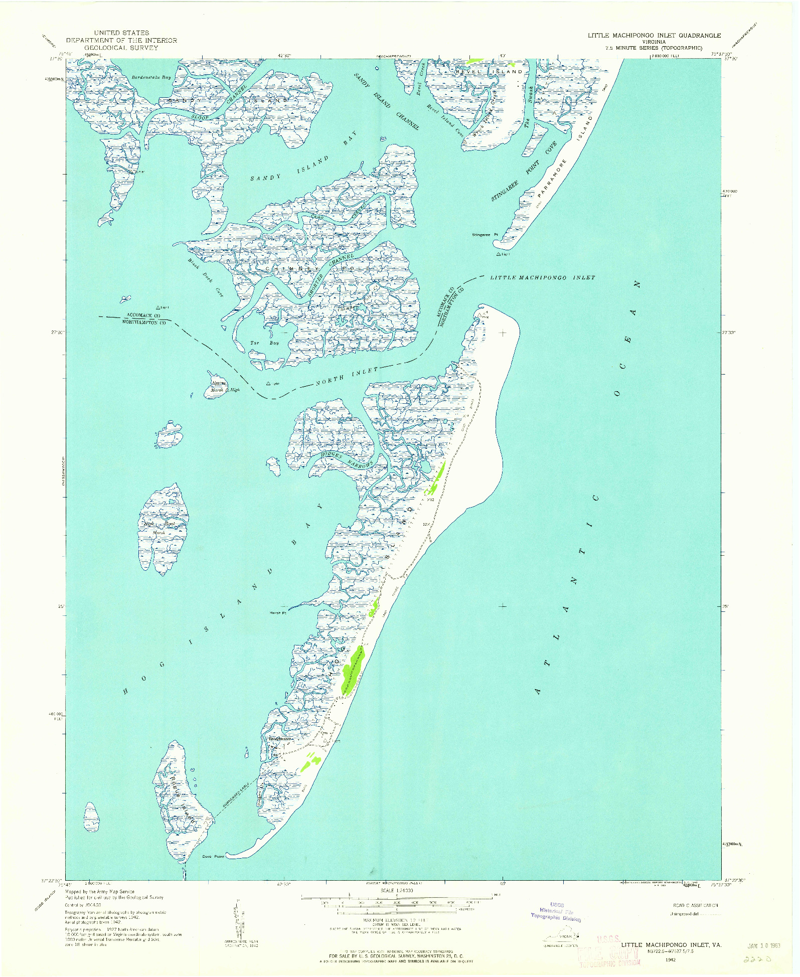 USGS 1:24000-SCALE QUADRANGLE FOR LITTLE MACHIPONGO INLET, VA 1942