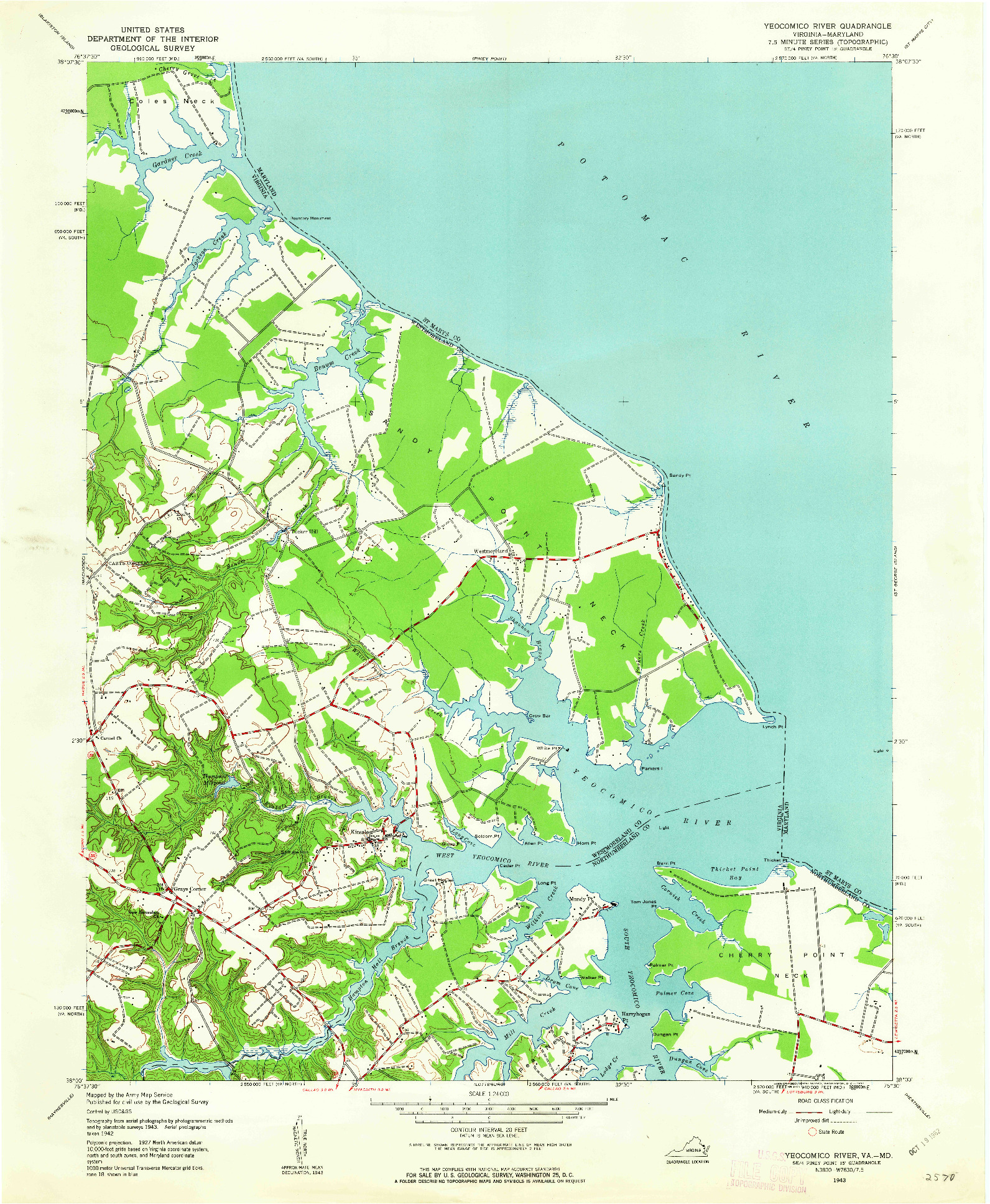 USGS 1:24000-SCALE QUADRANGLE FOR YEOCOMICO RIVER, VA 1943